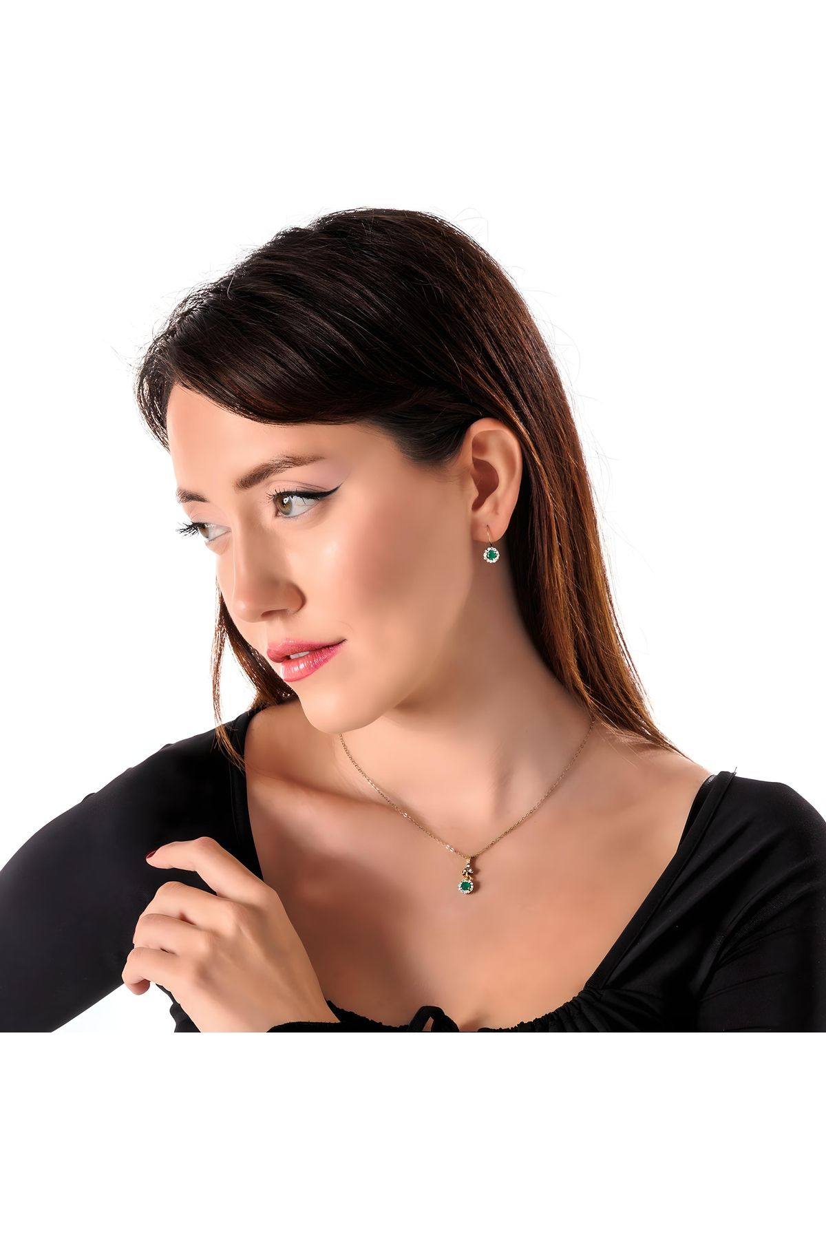 Atelier LEO Handmade Jewellery ZAMANSIZ PIRILTI YEŞİL TAKIM BAKIR EL YAPIMI KRİSTAL TAŞLI KARARMA YAPMAZ KADIN TAKI SETİ