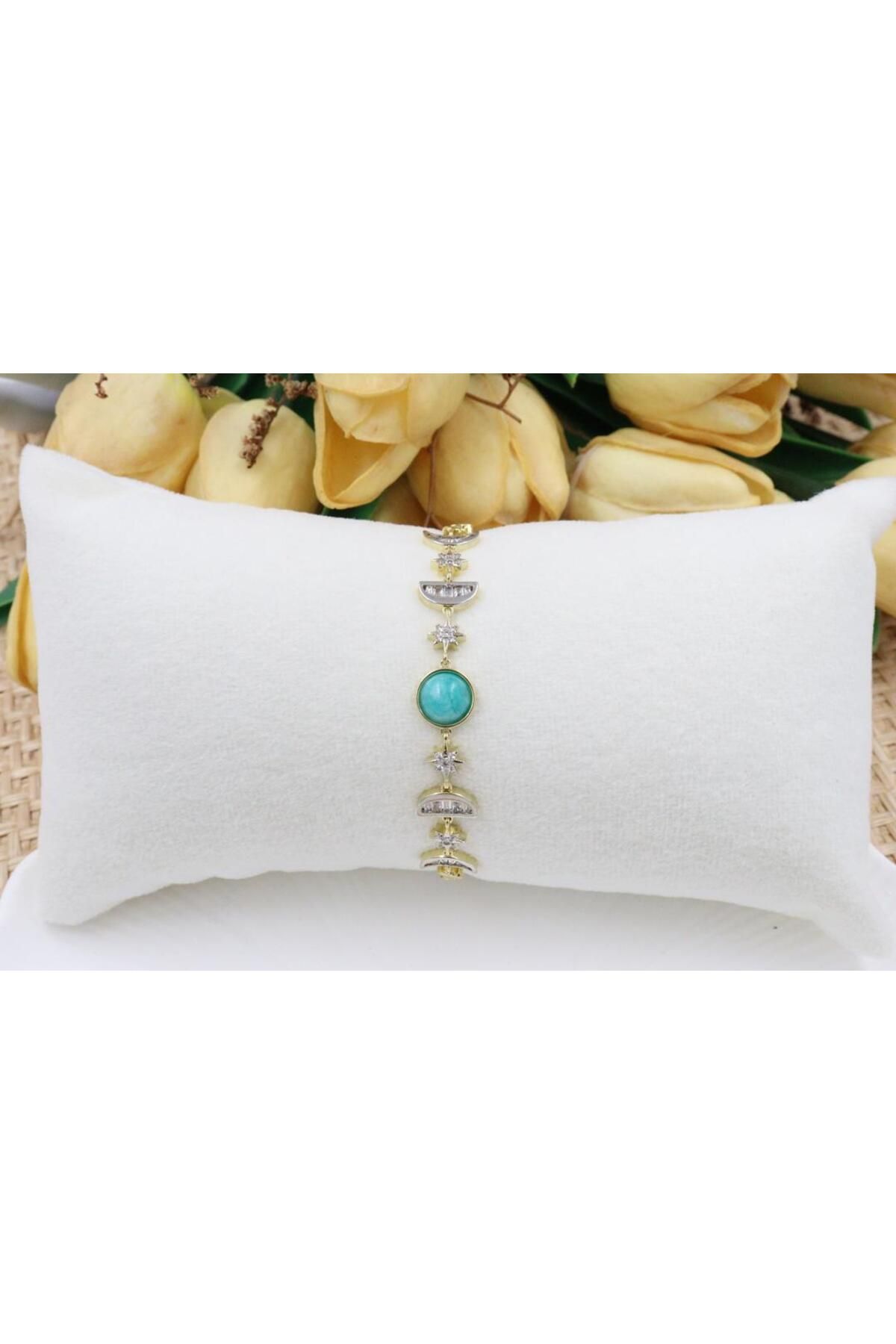 mercanjewelry VİP 14K Kaplama Turkuaz Boncuk Detaylı Yıldız-Ay Bileklik
