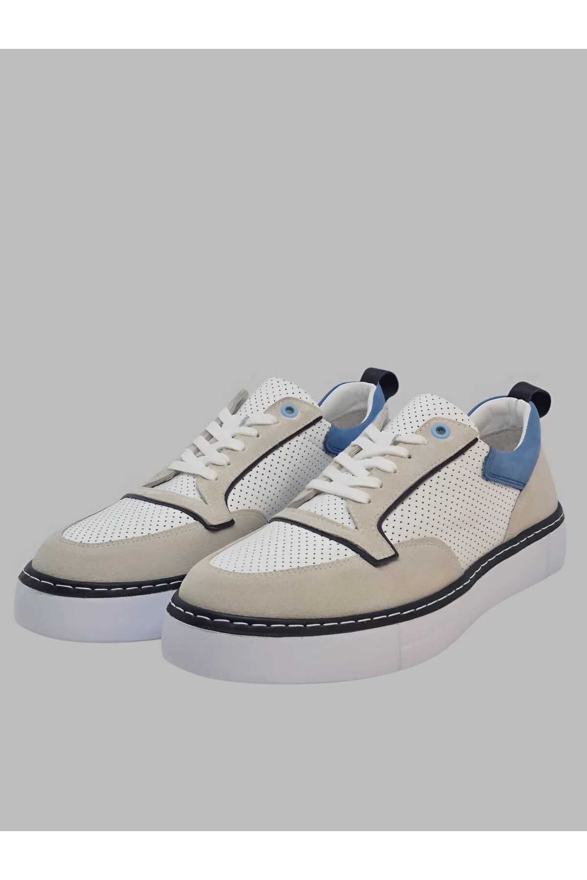 Luglio Shoes Hakiki Beyaz Delikli Mavi Detaylı Erkek Sneaker