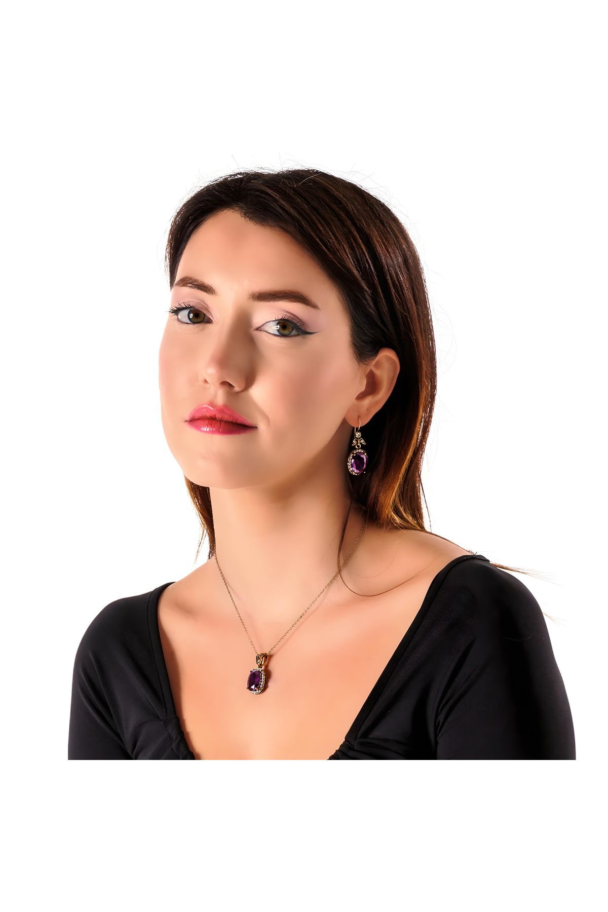 Atelier LEO Handmade Jewellery KÖSEM SULTAN MOR KÜPE KOLYE TAKIM BAKIR EL YAPIMI ZİRKON TAŞLI KARARMA YAPMAZ KADIN TAKI SETİ