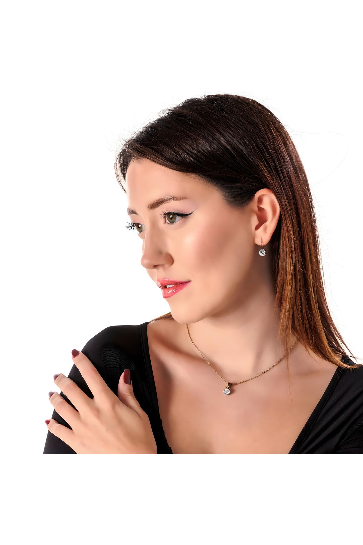Atelier LEO Handmade Jewellery HARMONİ TEKTAŞ KÜPE KOLYE TAKIM BAKIR EL YAPIMI KRİSTAL TAŞLI KARARMA YAPMAZ KADIN TAKI SETİ