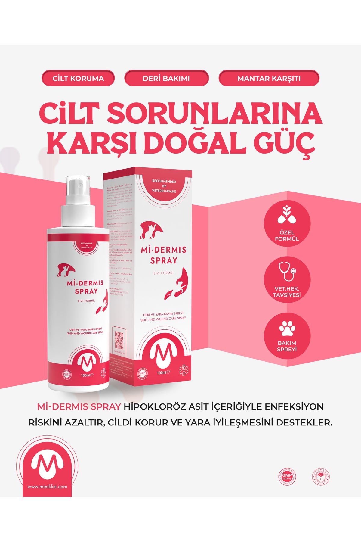 Miniklisi Mi-Dermis Deri Tüy ve Yara Bakım Spreyi 'Hipokloröz Asit'