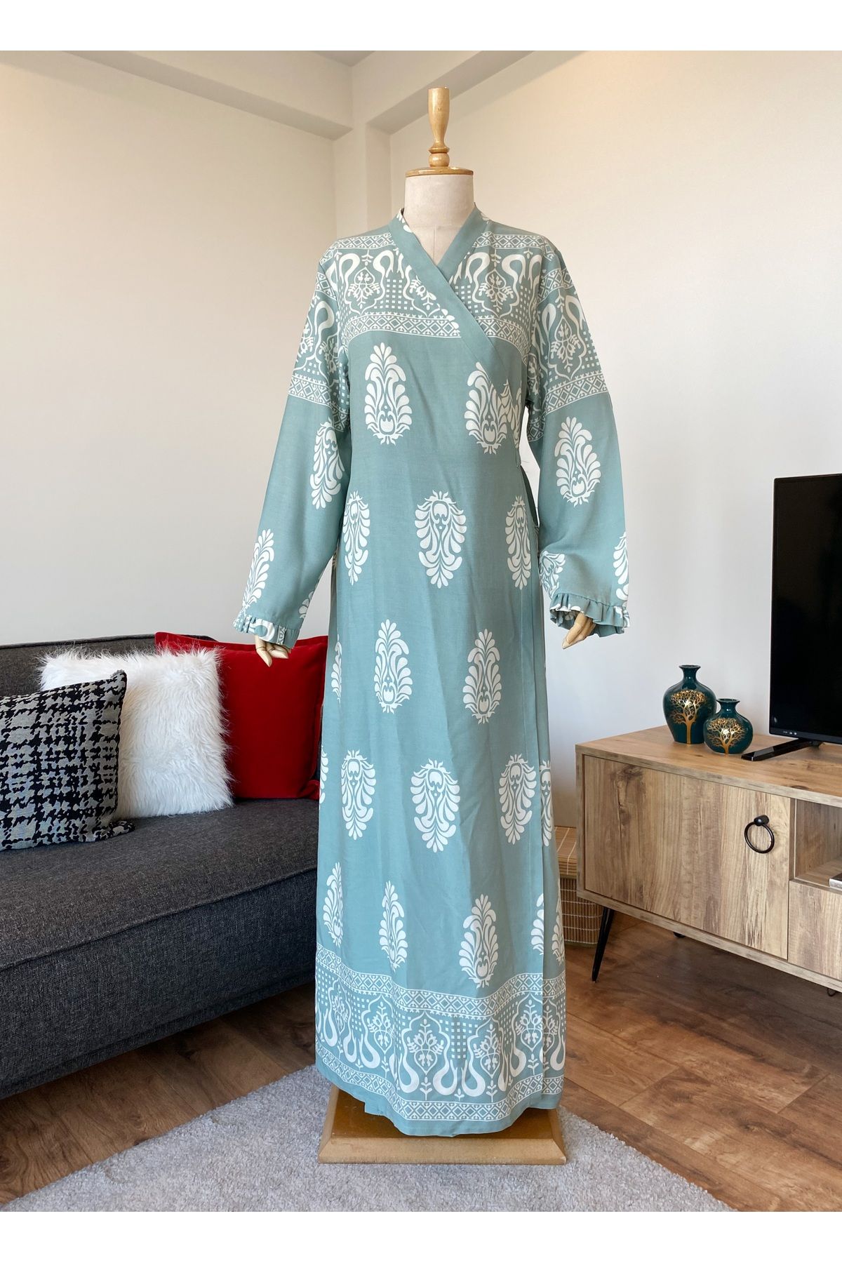 me like home Me-Like Çağla Yeşil Desenli Namaz Elbisesi NMZ10016