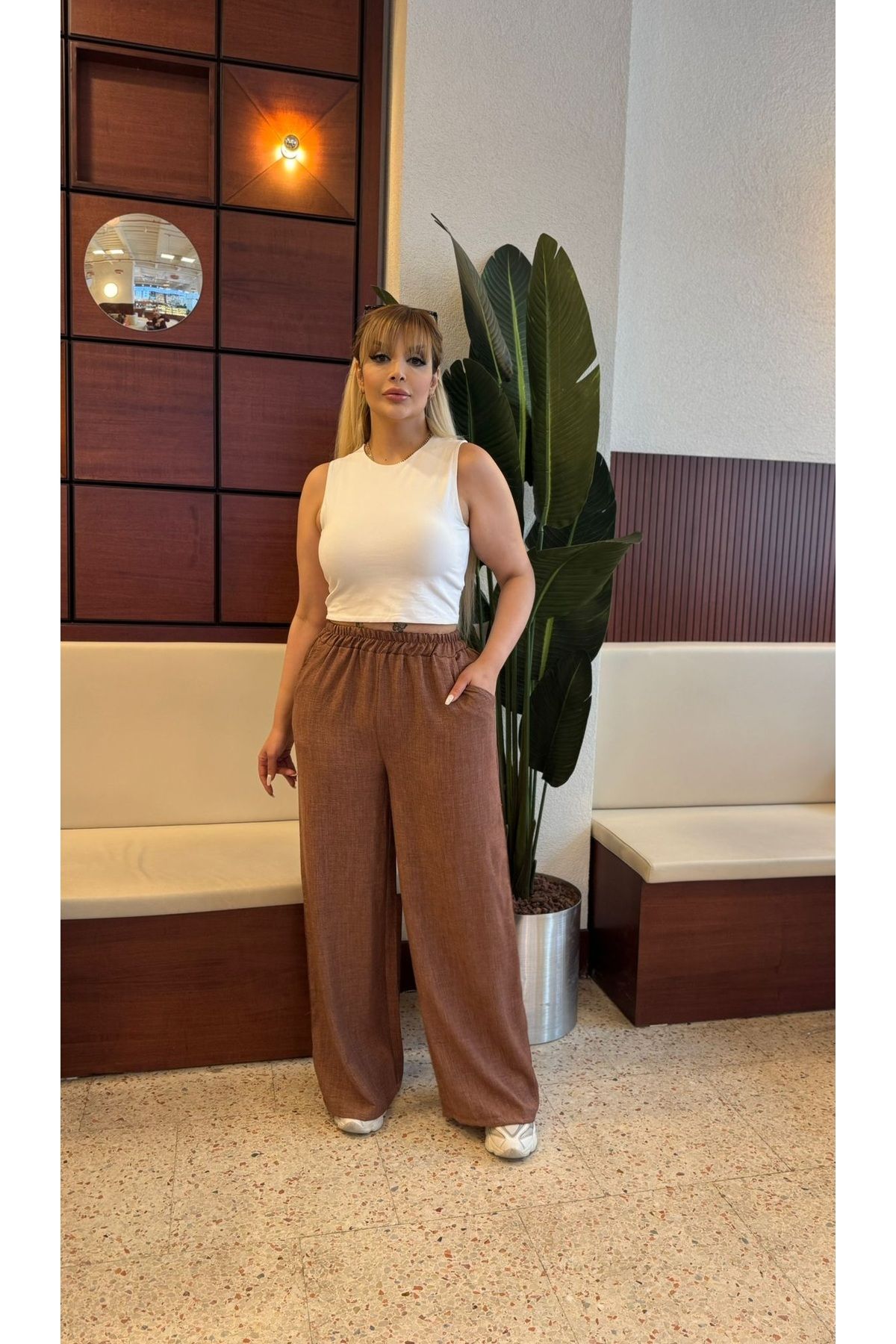 Butik Nilyam-Women's Plus Size Sofia Linen Casual Trousers with Elastic Waist and Pockets 21070 7