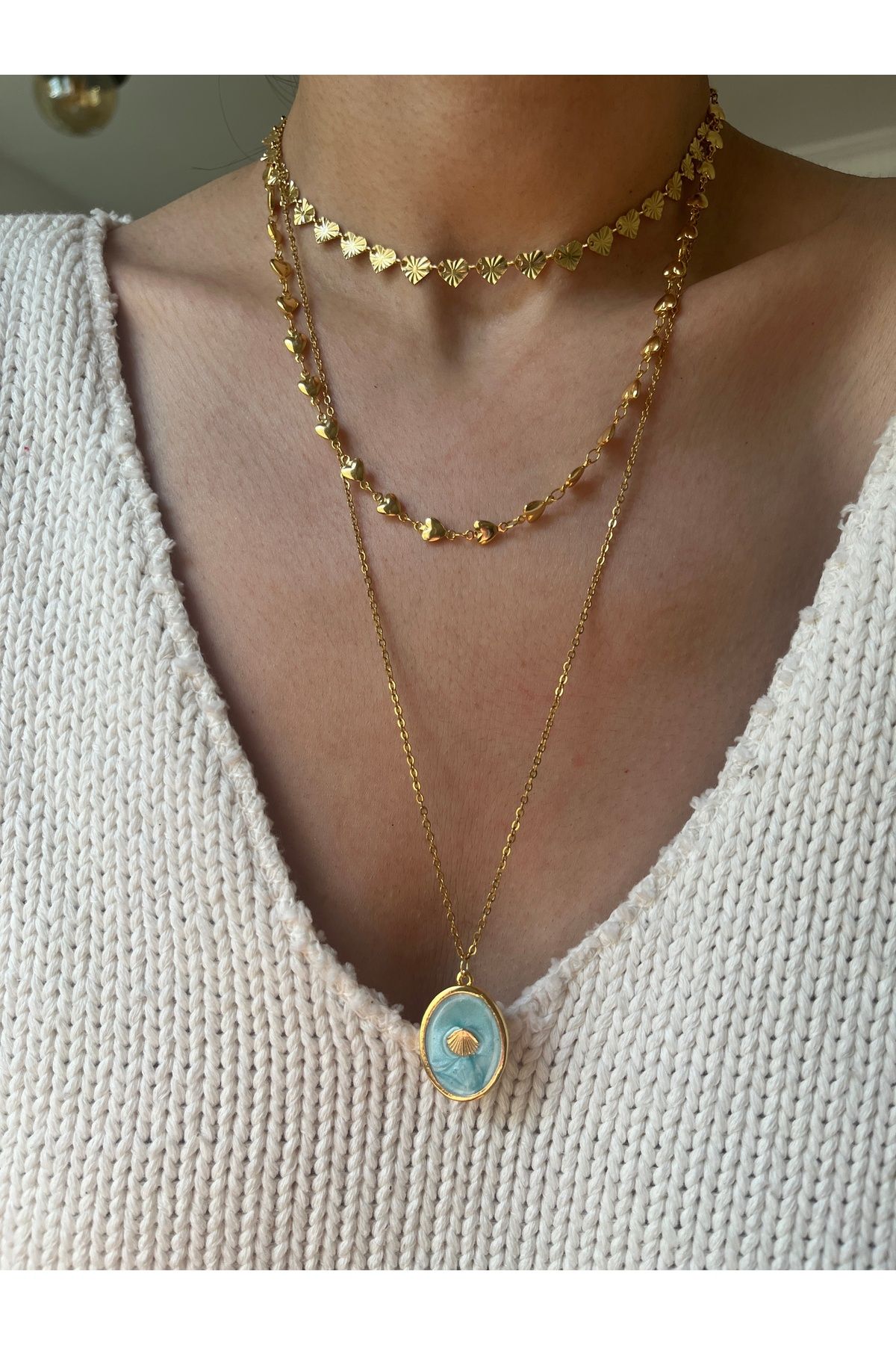 Hoop jewelery altın kaplama mineli deniz kabuğu kolye 60- cm