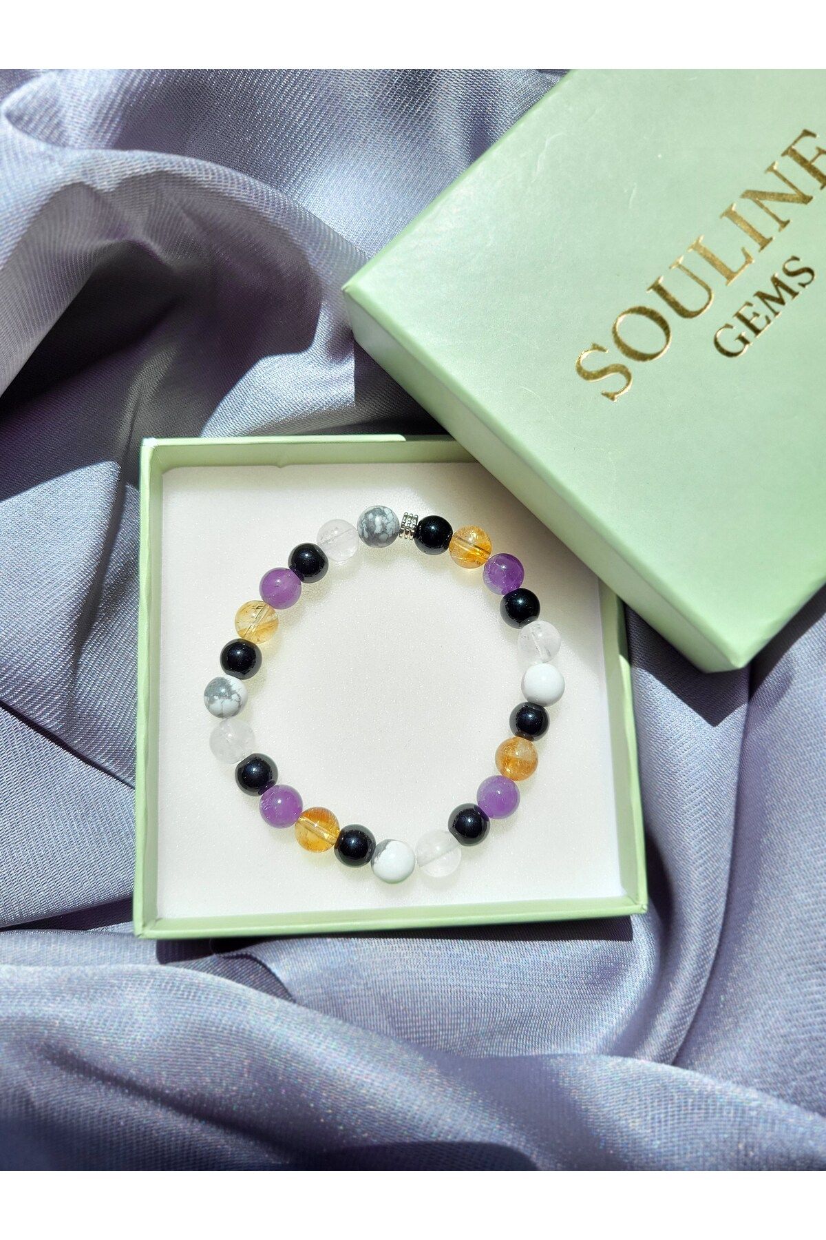 Souline Gems Gerçek Doğal Taş Bileklik - Ametist, Oniks, Sitrin, Kristal Kuvars, Havlit