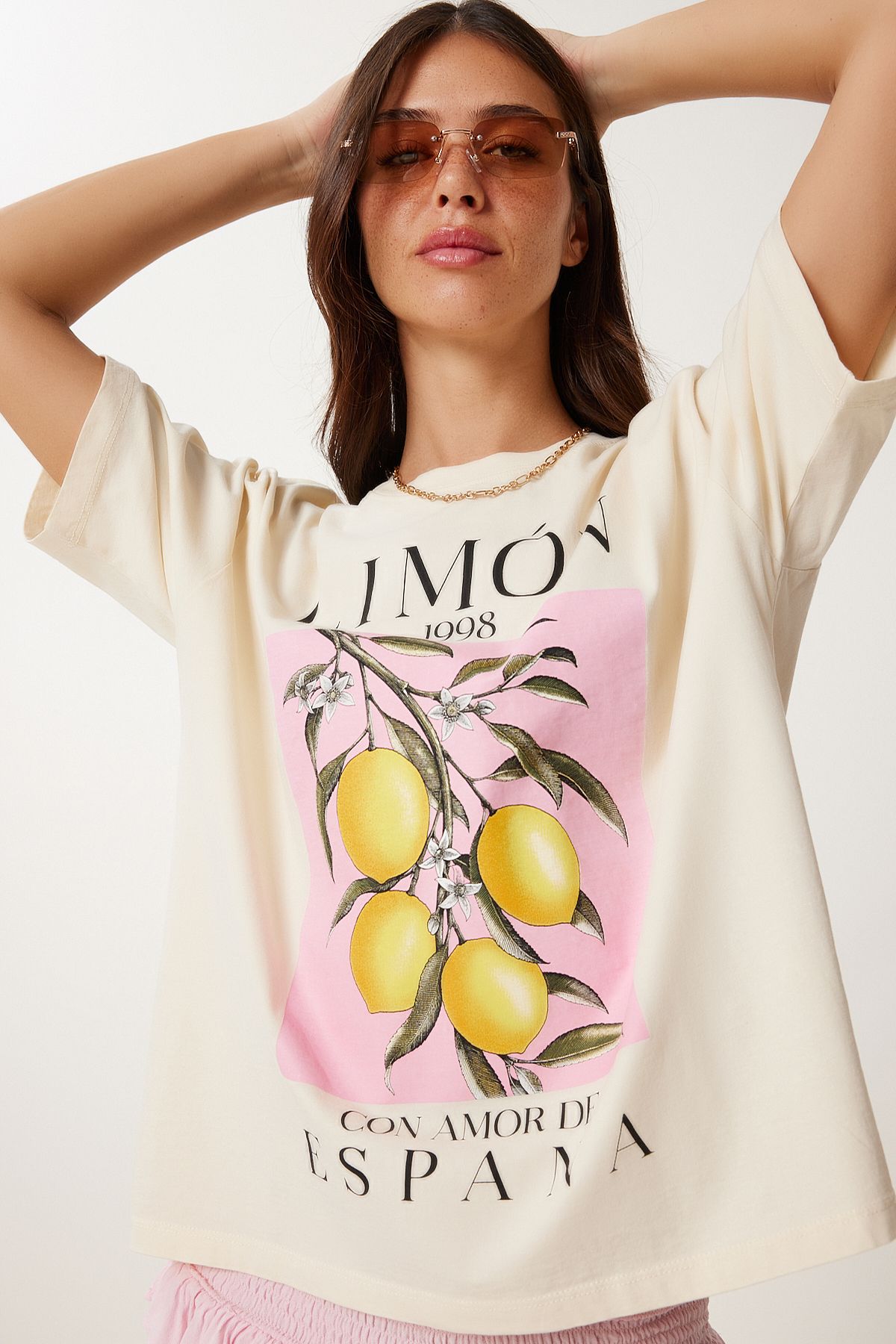 Lovelyİstanbul Limon Baskılı Pamuklu Örme T-shirt KREM LUS0158