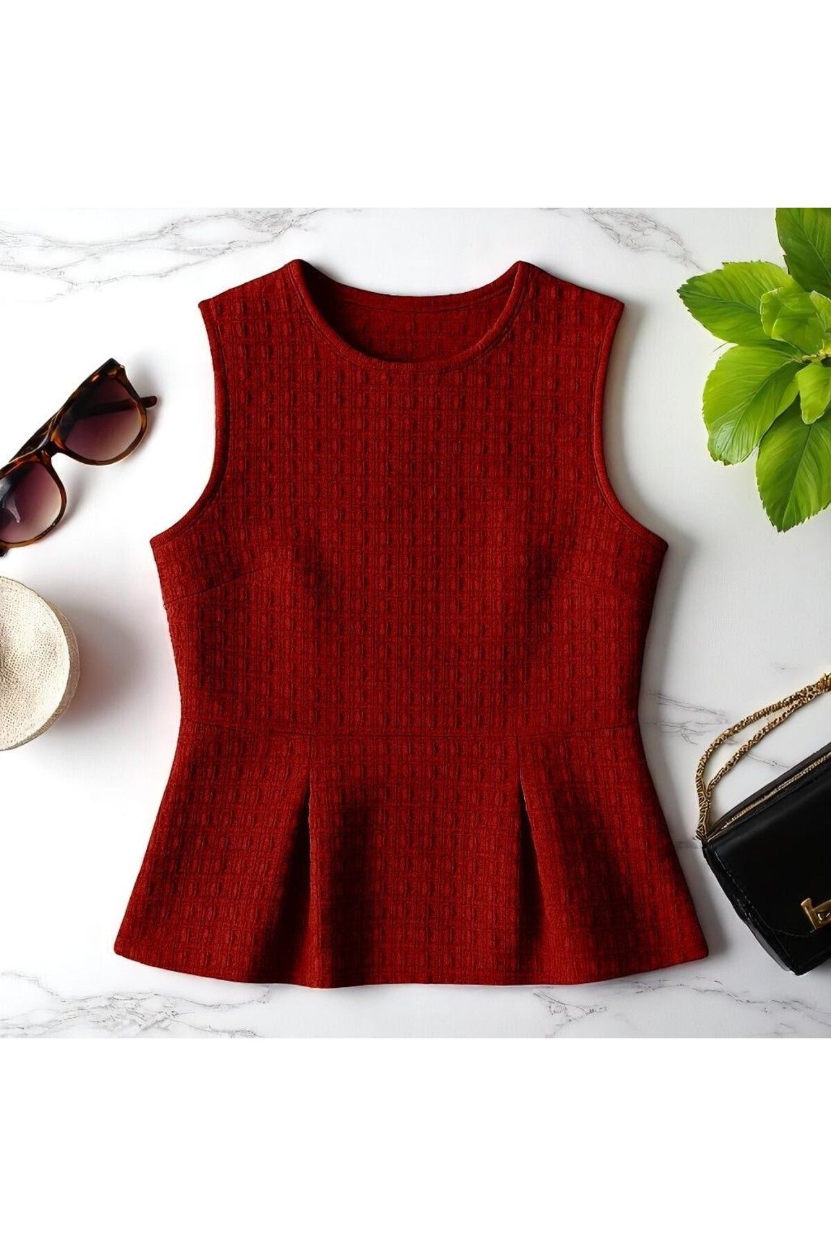 YONEZ MODA Kadın Rahat Kalıp Gofre Kumaş Çıma Detaylı Bisiklet Yaka Bluz Crop