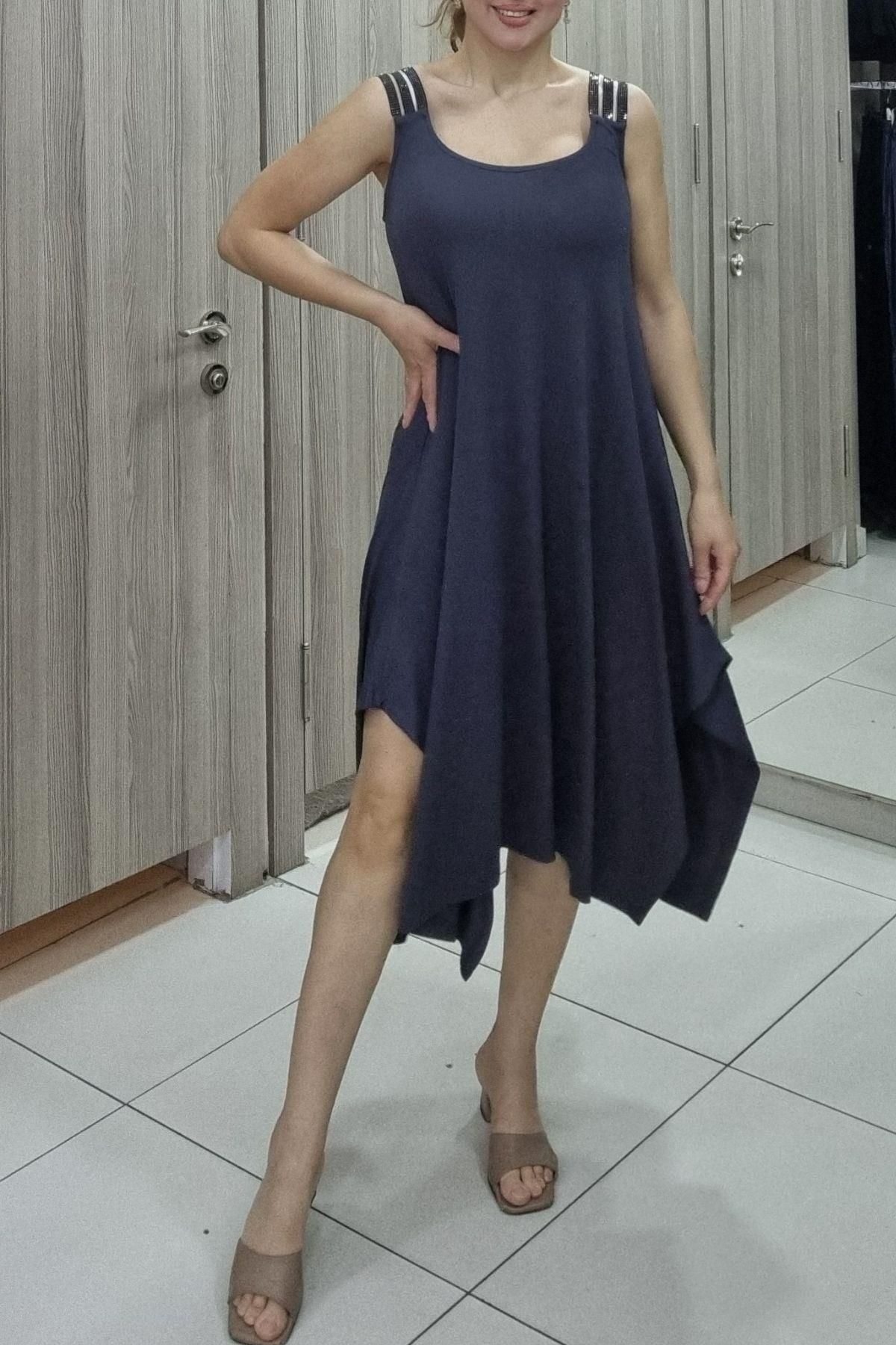 Maya Butik Askıları Işıltılı Asimetrik Pamuk Viskon Elbise - 893