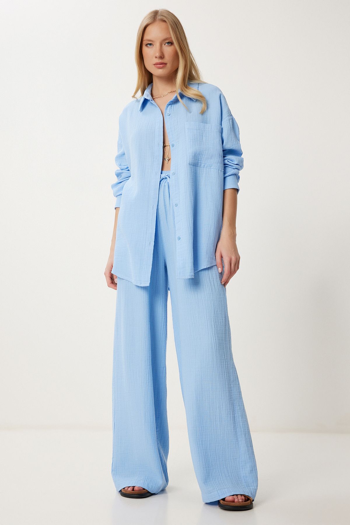 Lovelyİstanbul Oversize Müslin Gömlek Pantolon Takım GÖK MAVİ LSA0014