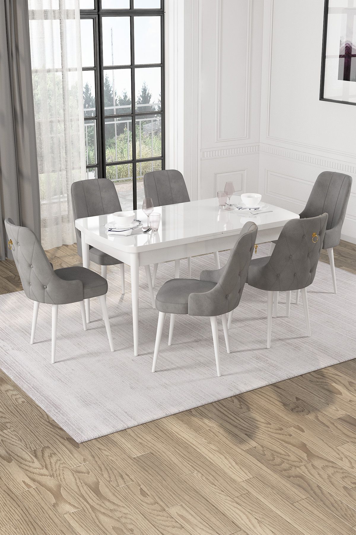 Hira Wessa Serisi 80x132 Açılabilir MDF Beyaz Masa Takımı 6 Gri Sandalye