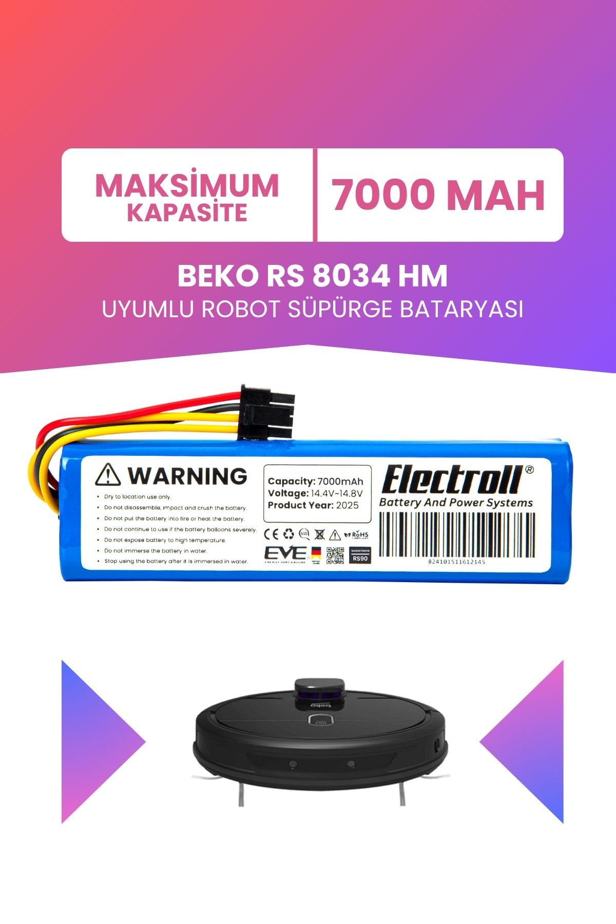 ELECTROLL Beko Rs 8034 Hm Uyumlu Batarya (MAKSİMUM KAPASİTE) 7000mah Robot Süpürge Bataryası