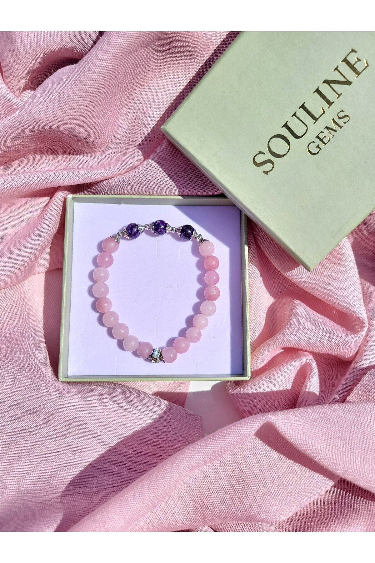 Souline Gems Gerçek Doğal Taş Bileklik - Pembe Kuvars, Çeroit