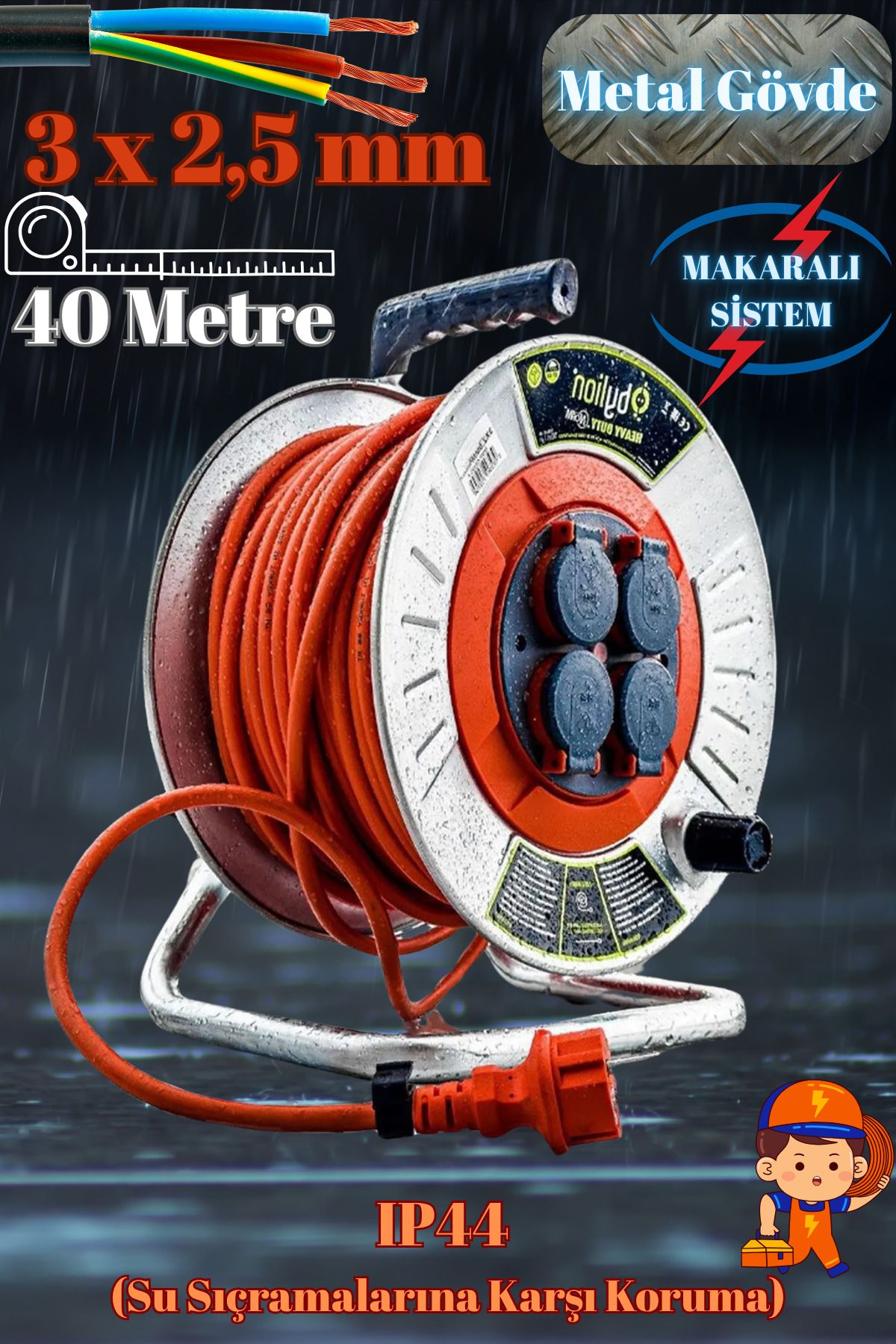 Bylion BRO Makaralı Seyyar Kablo Kapaklı 4 Prizli Metal Uzatma Kablosu 3x2.5 Mm Cca Kablo 40 Metre