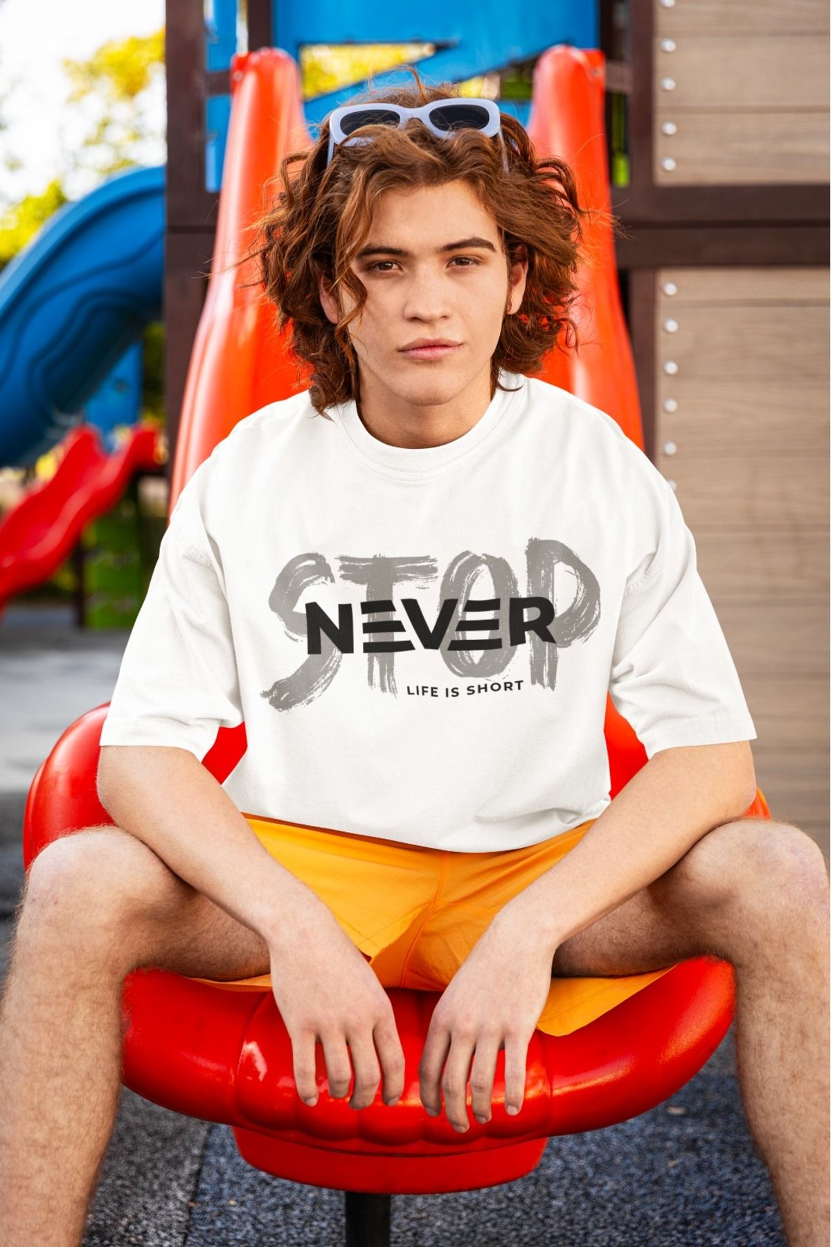 Butik %100 PAMUK ERKEK/KADIN -NEVER STOP- TRANSFER BASKILI YUVARLAK YAKA KISA KOL TİŞÖRT