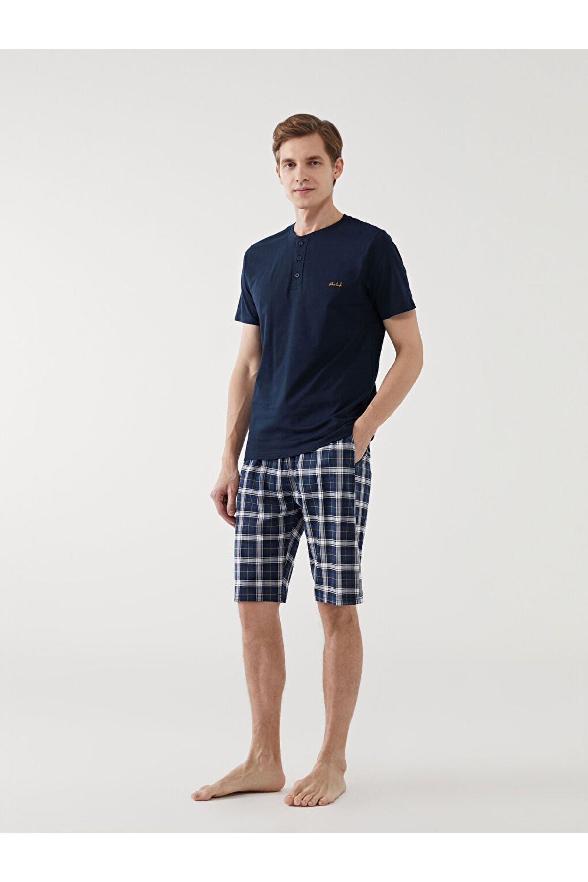 JustMORE Erkek Düğme Detaylı Kısa Kollu Bermuda Lacivert Pijama Takımı