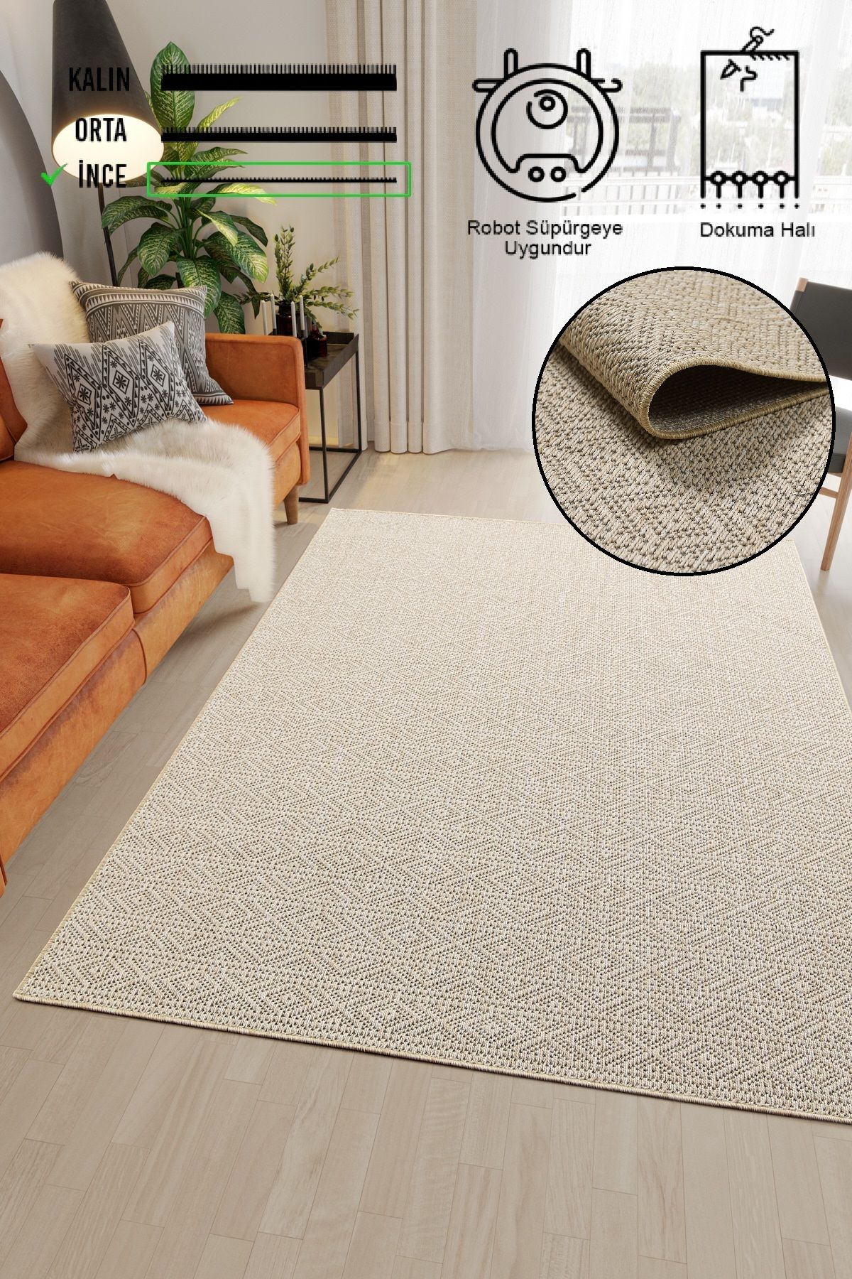 vinosahome Hasır Bej Kahve Jüt Dokuma Ince Halı Sisal Salon Mutfak Oturma Odası Dış Mekan Halısı Kilim