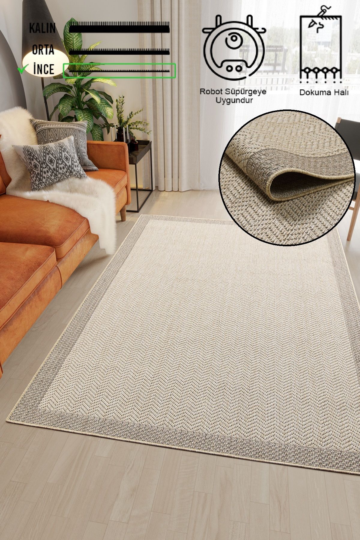 vinosahome Hasır Bej Kahve Jüt Dokuma Ince Halı Sisal Salon Mutfak Oturma Odası Dış Mekan Halısı Kilim