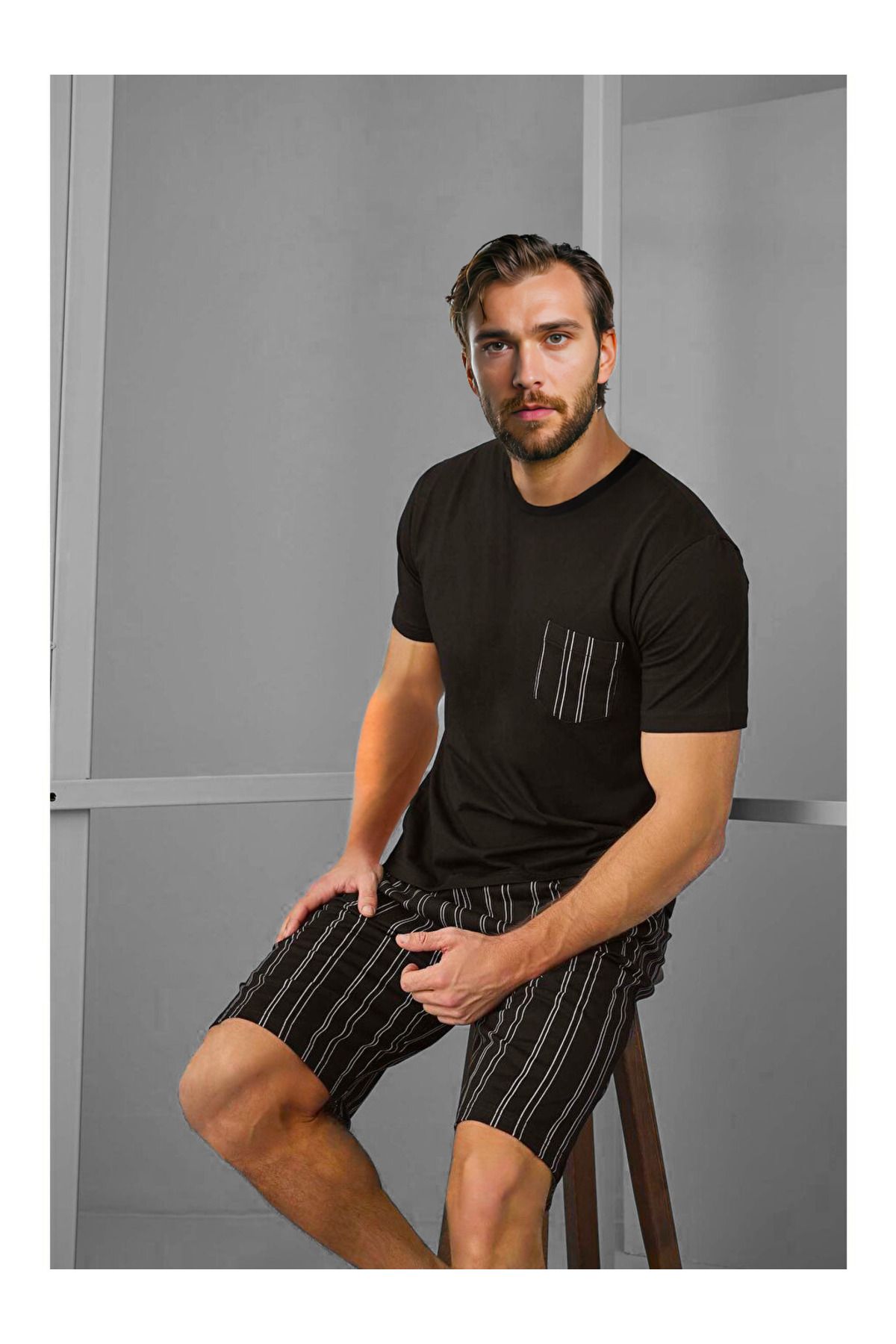 JustMORE Erkek Cepli Kısa Kollu Bermuda Pijama takımı