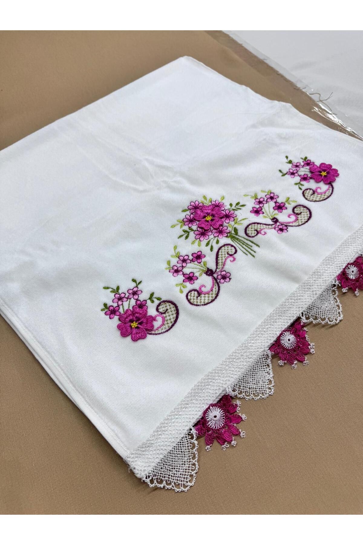 TUTUYA TEXTIL İğne Oyalı El işi Kadife 50 X90 cm El Havlusu Çeyizlik Havlu Çift Tarafı Dantelli