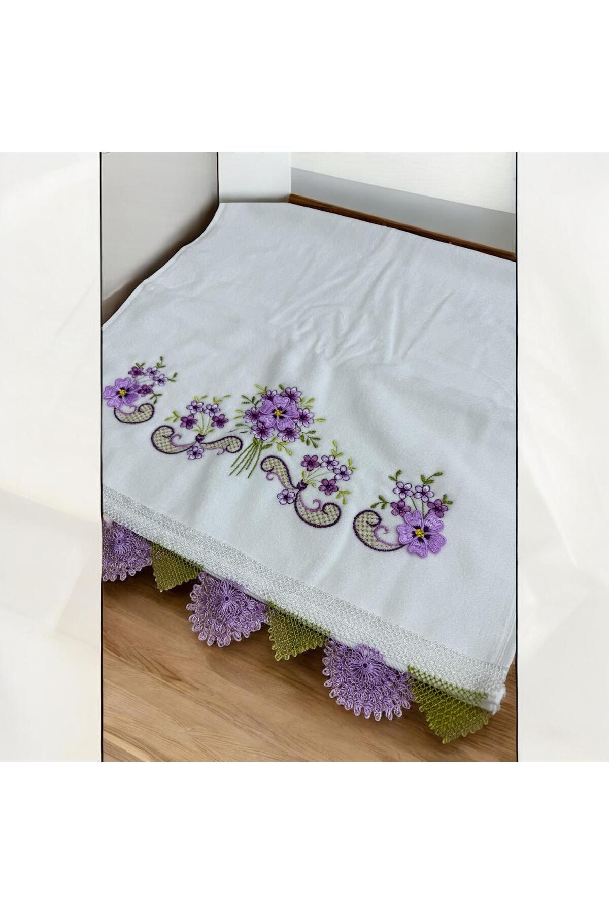 TUTUYA TEXTIL İğne Oyalı El işi Kadife 50 X90 cm El Havlusu Çeyizlik Havlu Çift Tarafı Dantelli