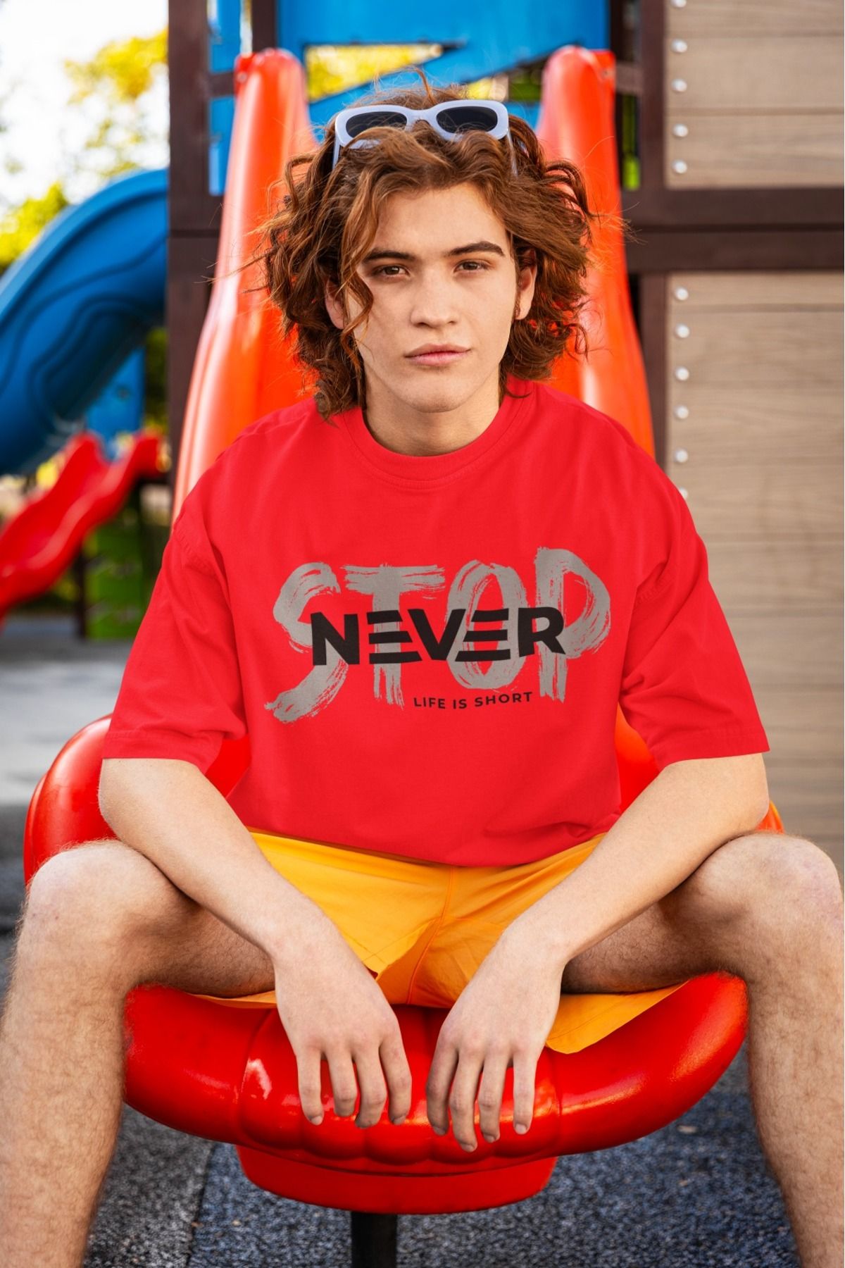 Butik %100 PAMUK ERKEK/KADIN -NEVER STOP- TRANSFER BASKILI YUVARLAK YAKA KISA KOL TİŞÖRT