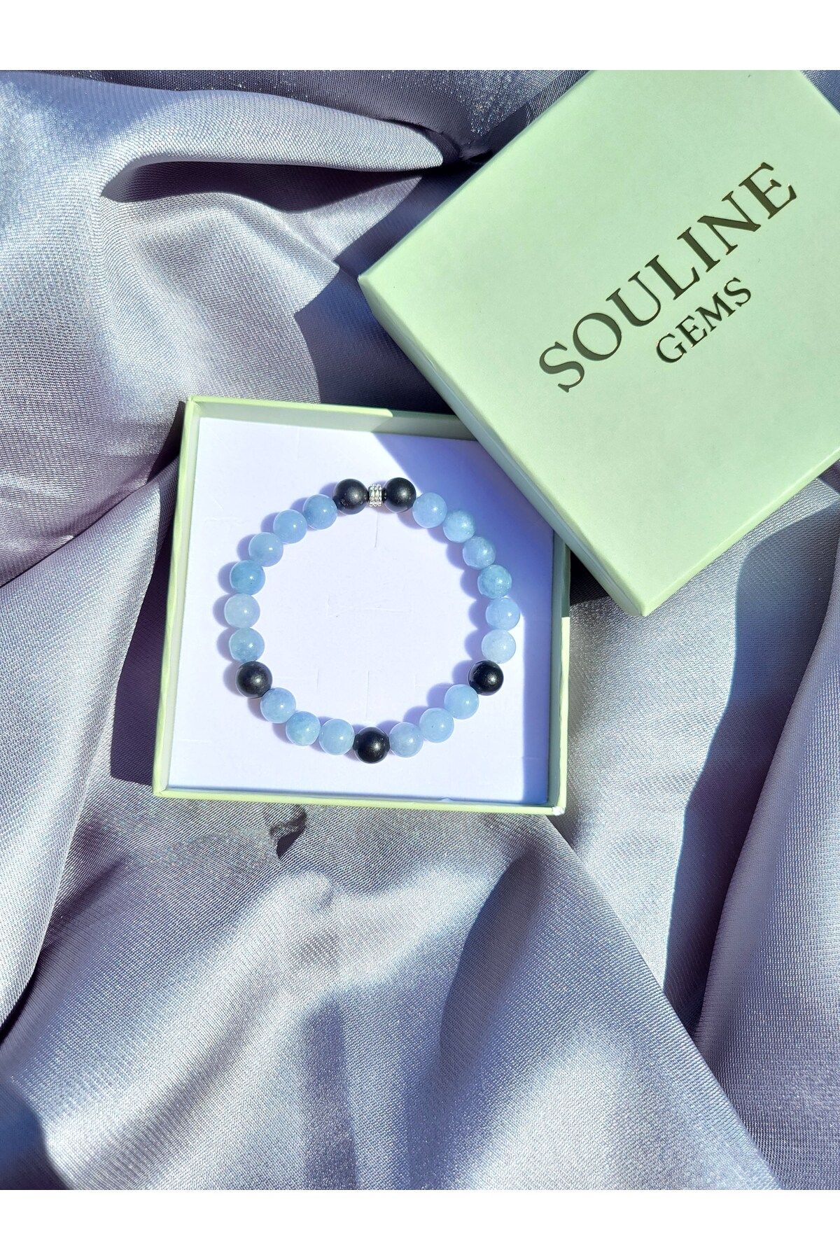 Souline Gems Gerçek Doğal Taş Bileklik - Akuamarin, Oniks