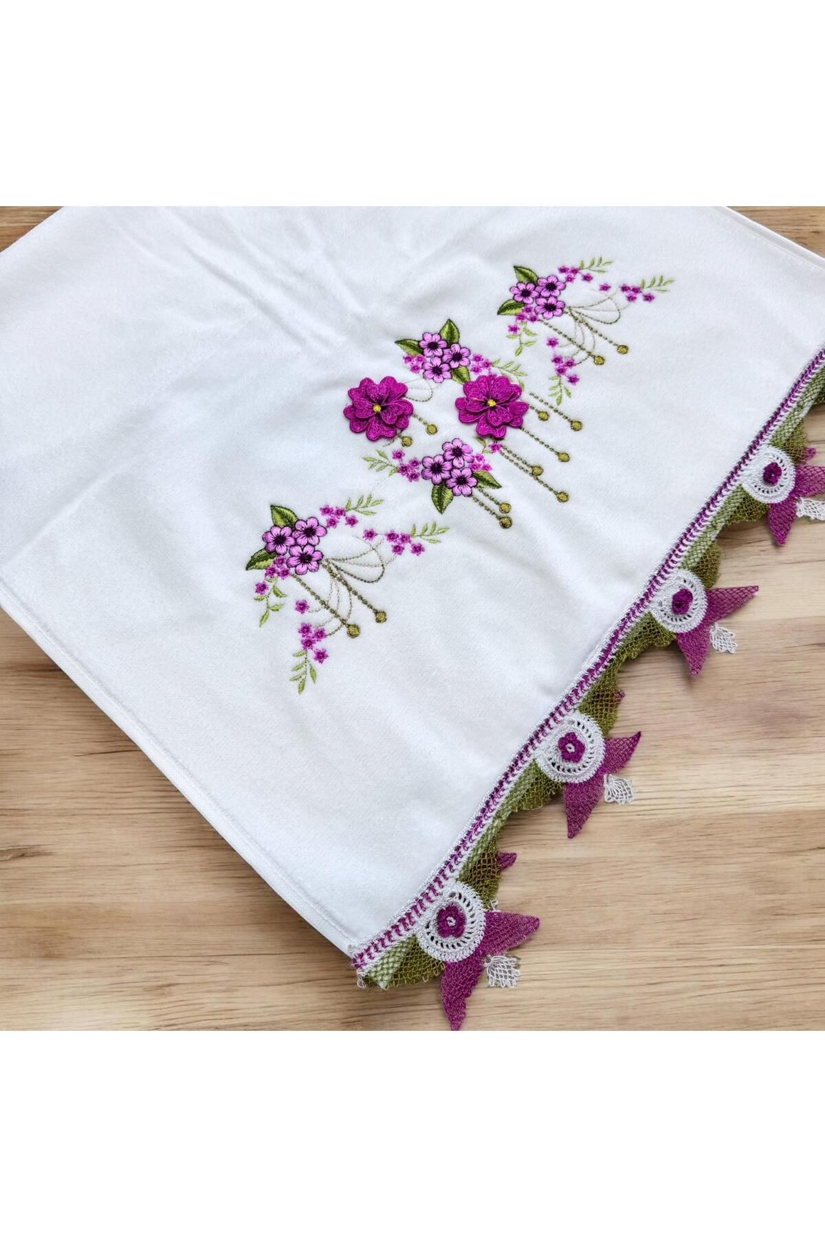 TUTUYA TEXTIL İğne Oyalı El işi Kadife 50 X90 cm El Havlusu Çeyizlik Havlu Çift Tarafı Dantelli