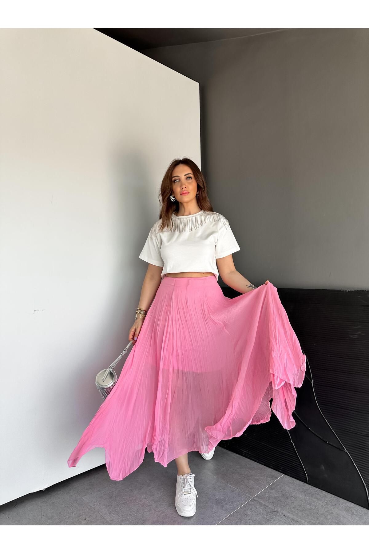 Zerrincan Giyim Pembe Kraşlı Asimetrik Etek