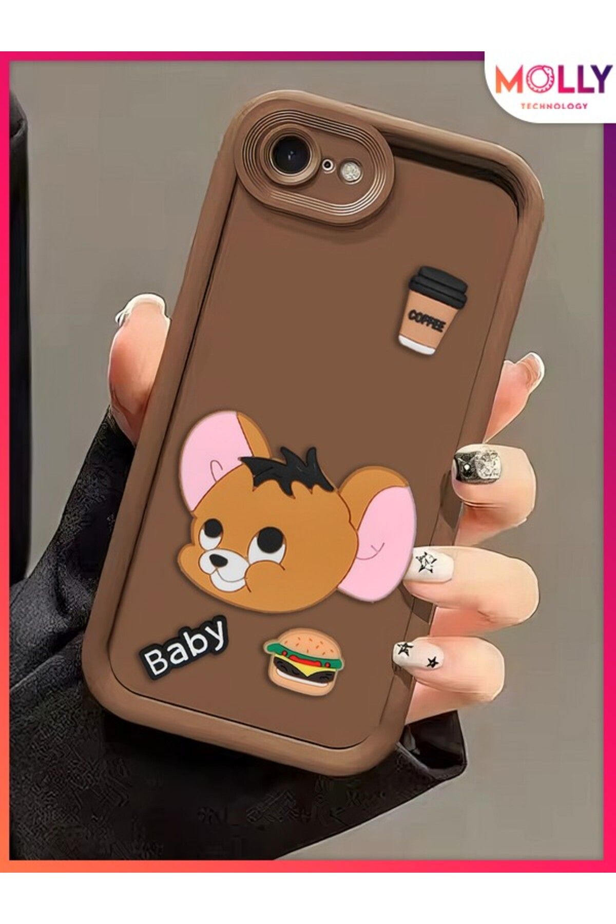 Molly iPhone 7 İçin Fallow Brown Kenarları Kalın 3d Kabartmalı Baby Jerry Silikon Kılıf
