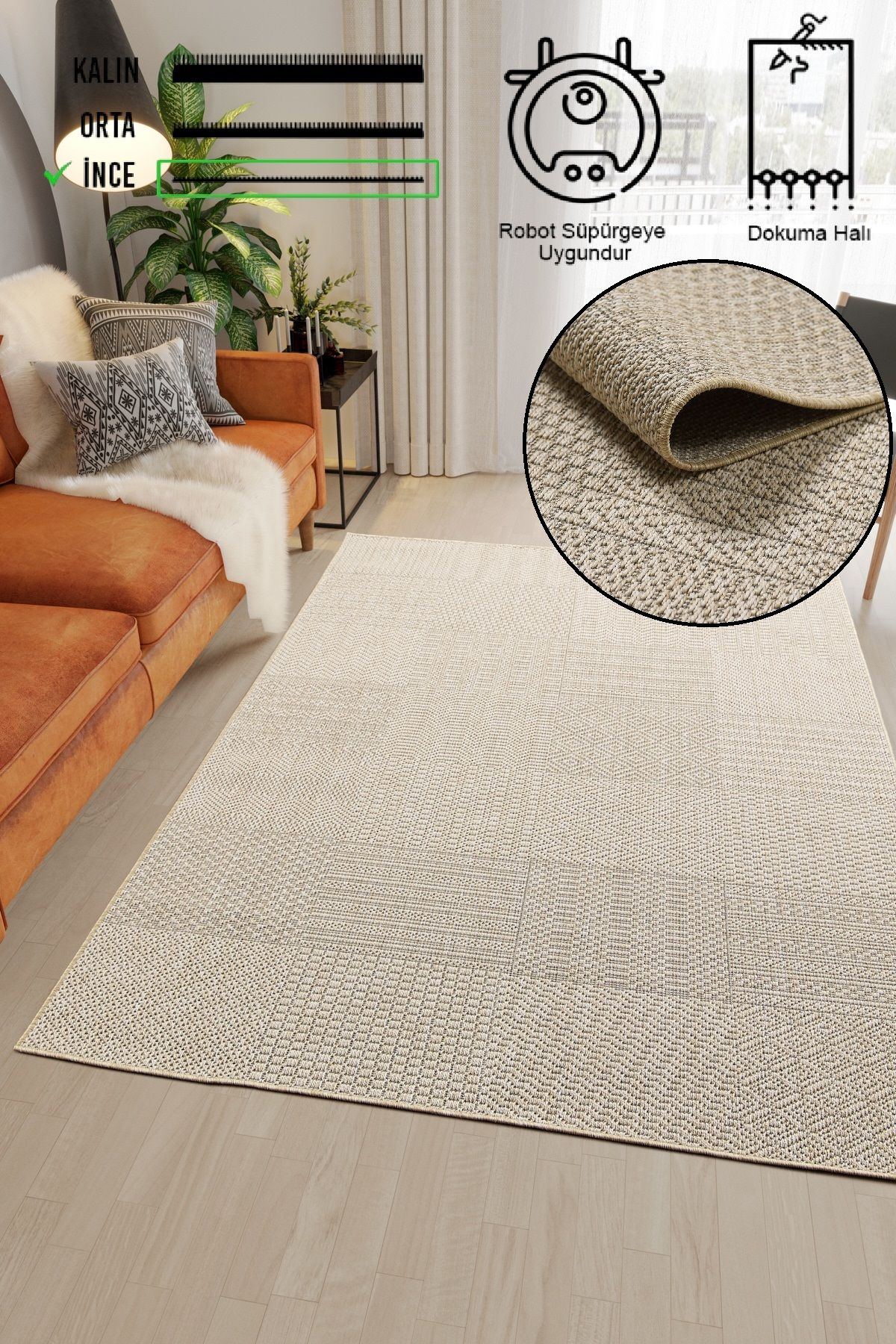 vinosahome Hasır Bej Kahve Jüt Dokuma Ince Halı Sisal Salon Mutfak Oturma Odası Dış Mekan Halısı Kilim