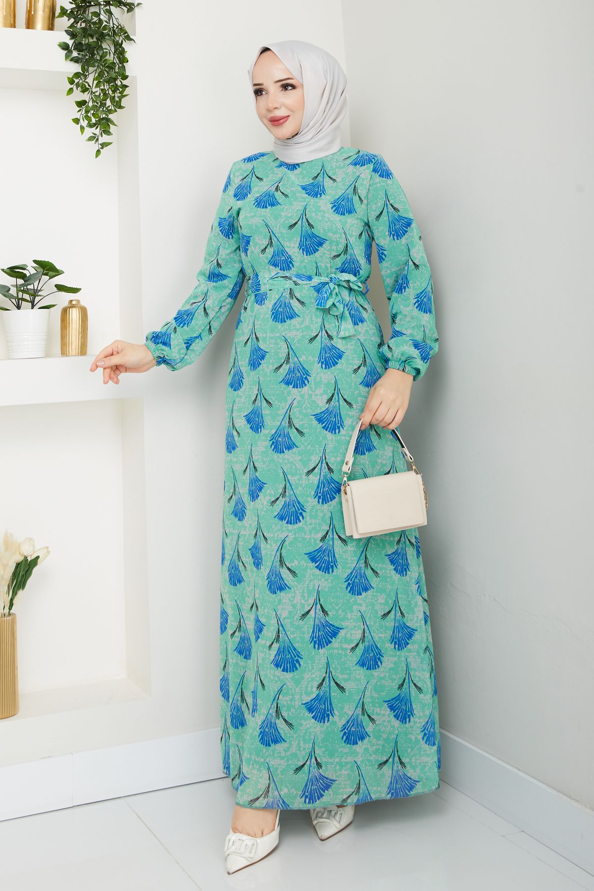 Sakara Collection tesettür elbise kuşaklı mevsimlik kadın astarlı şifon boydan kol lastikli desenli