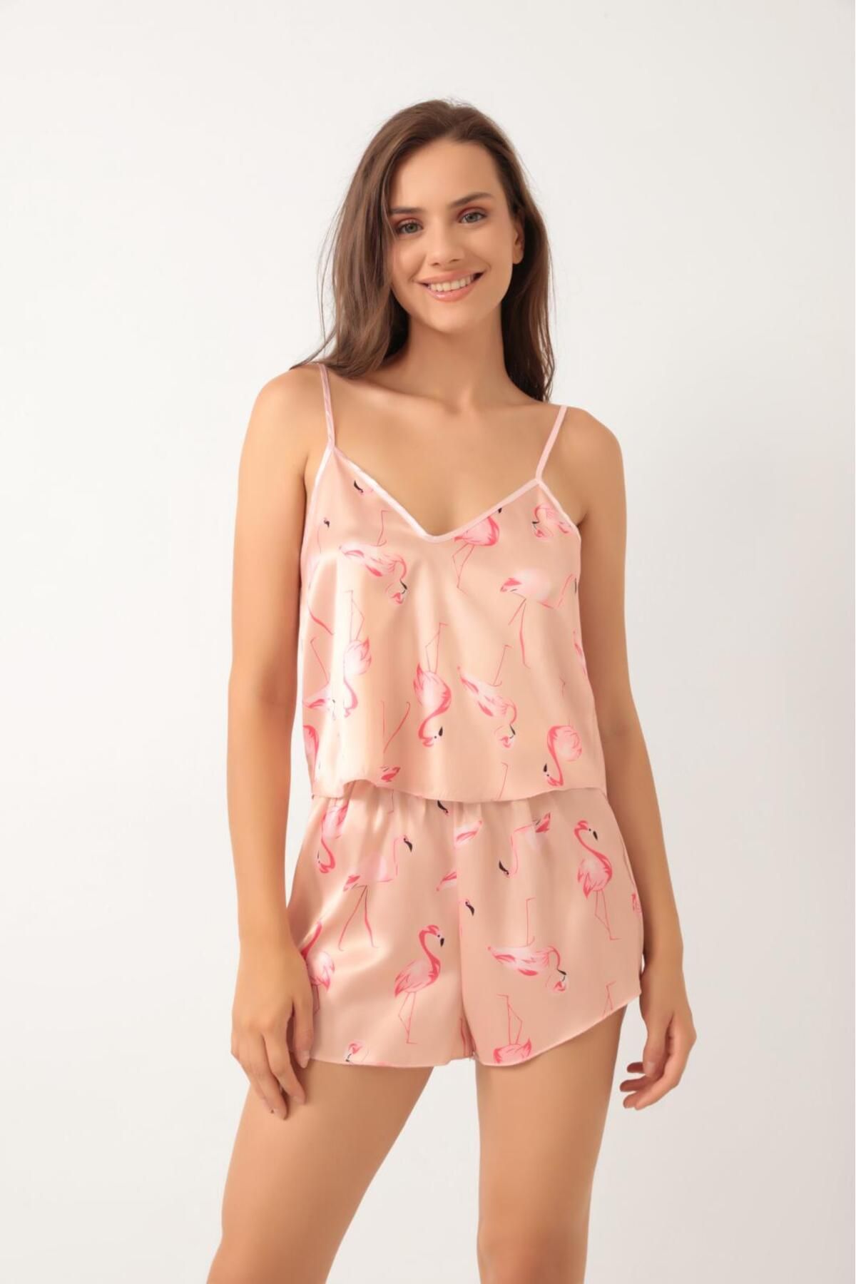 İNKO İÇ GİYİM Saten Ayarlanabilir Askılı Şort Pijama Takım