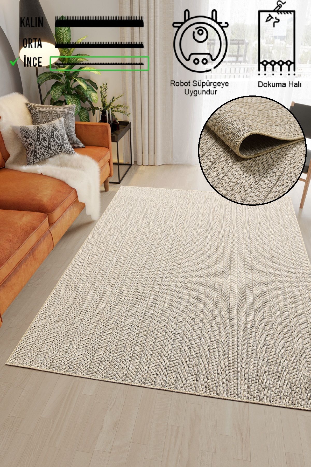 vinosahome Hasır Bej Kahve Jüt Dokuma Ince Halı Sisal Salon Mutfak Oturma Odası Dış Mekan Halısı Kilim