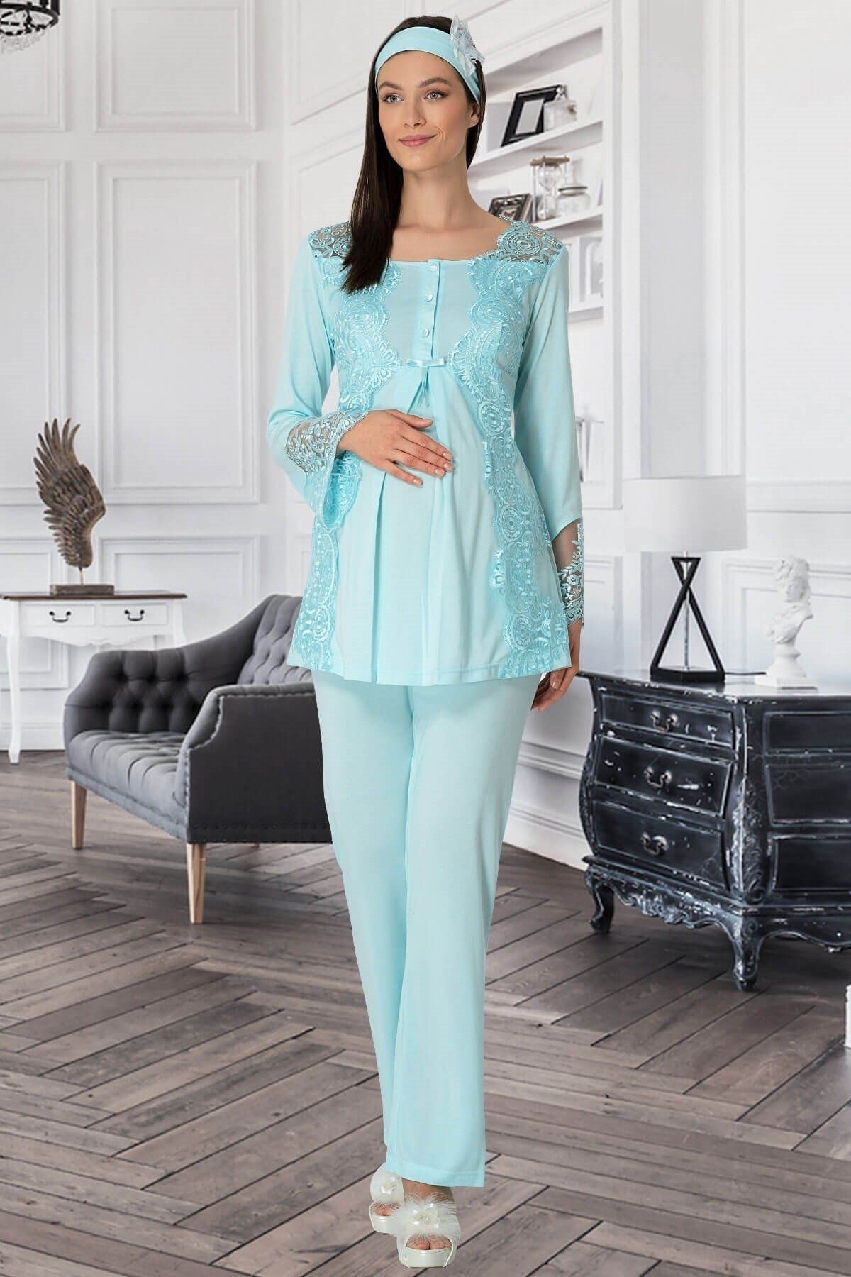 By Mecit Pijama Kadın Dantel Detaylı Önü Düğmeli Lohusa Pijama Takımı