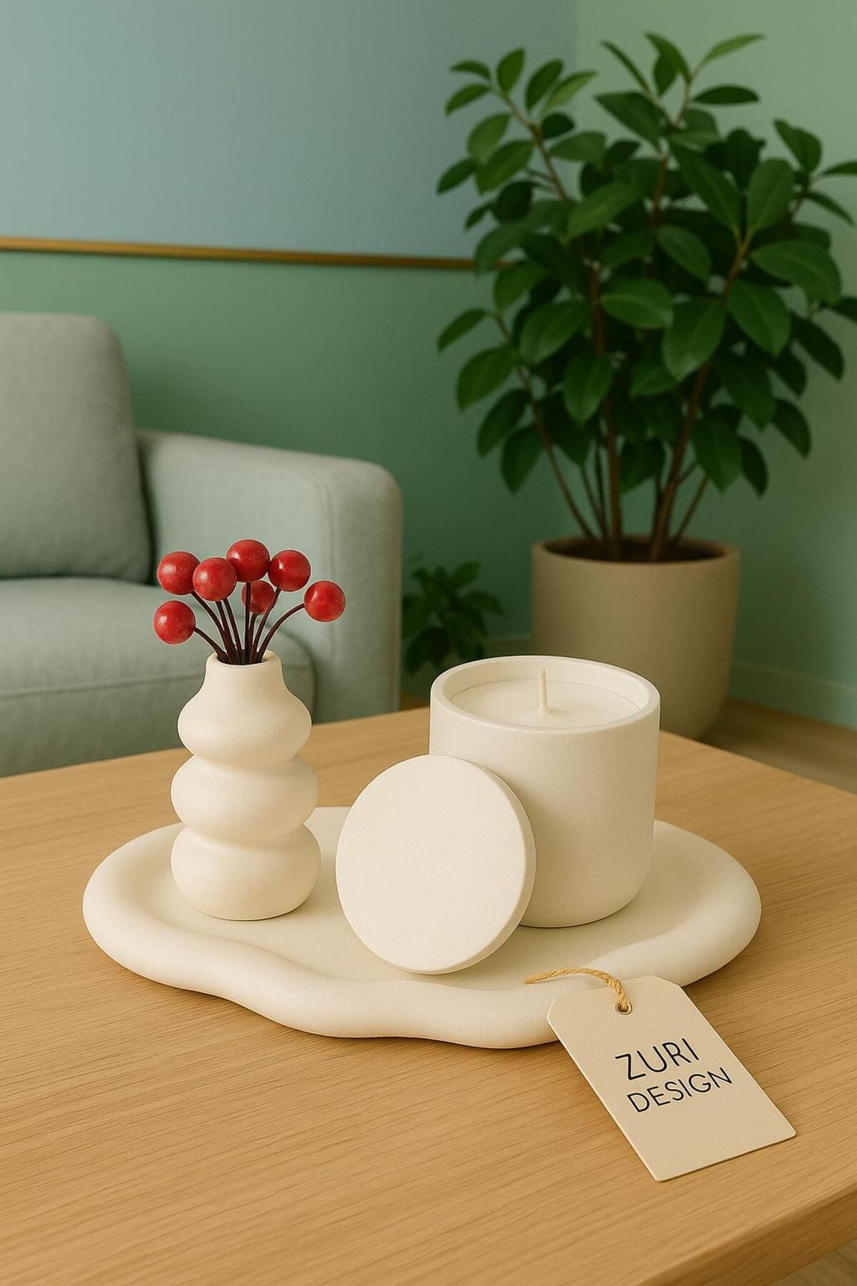 ZURİ DESİGN Bohem Mum Vazo Seti - İnci Toz Mum 350g - Kokusuz Dekoratif Hediye