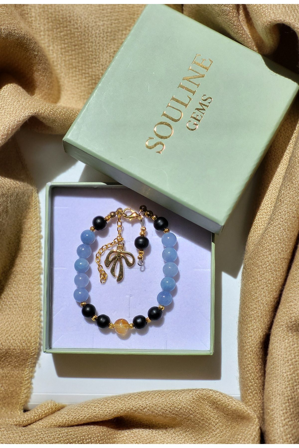 Souline Gems Gerçek Doğal Taş Bileklik - Akuamarin, Oniks, Sitrin