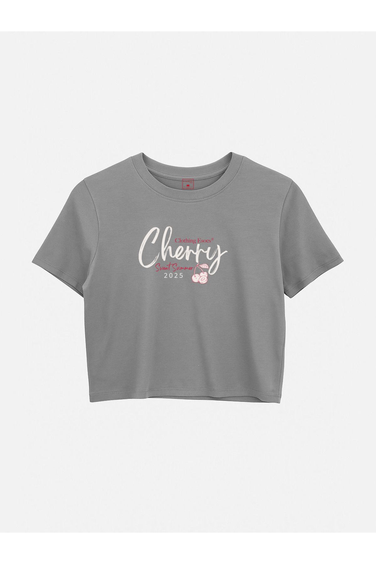 EsoesTienda Kadın Dar Kesim Yumuşak Dokulu Cherry Baskılı Crop Tişört
