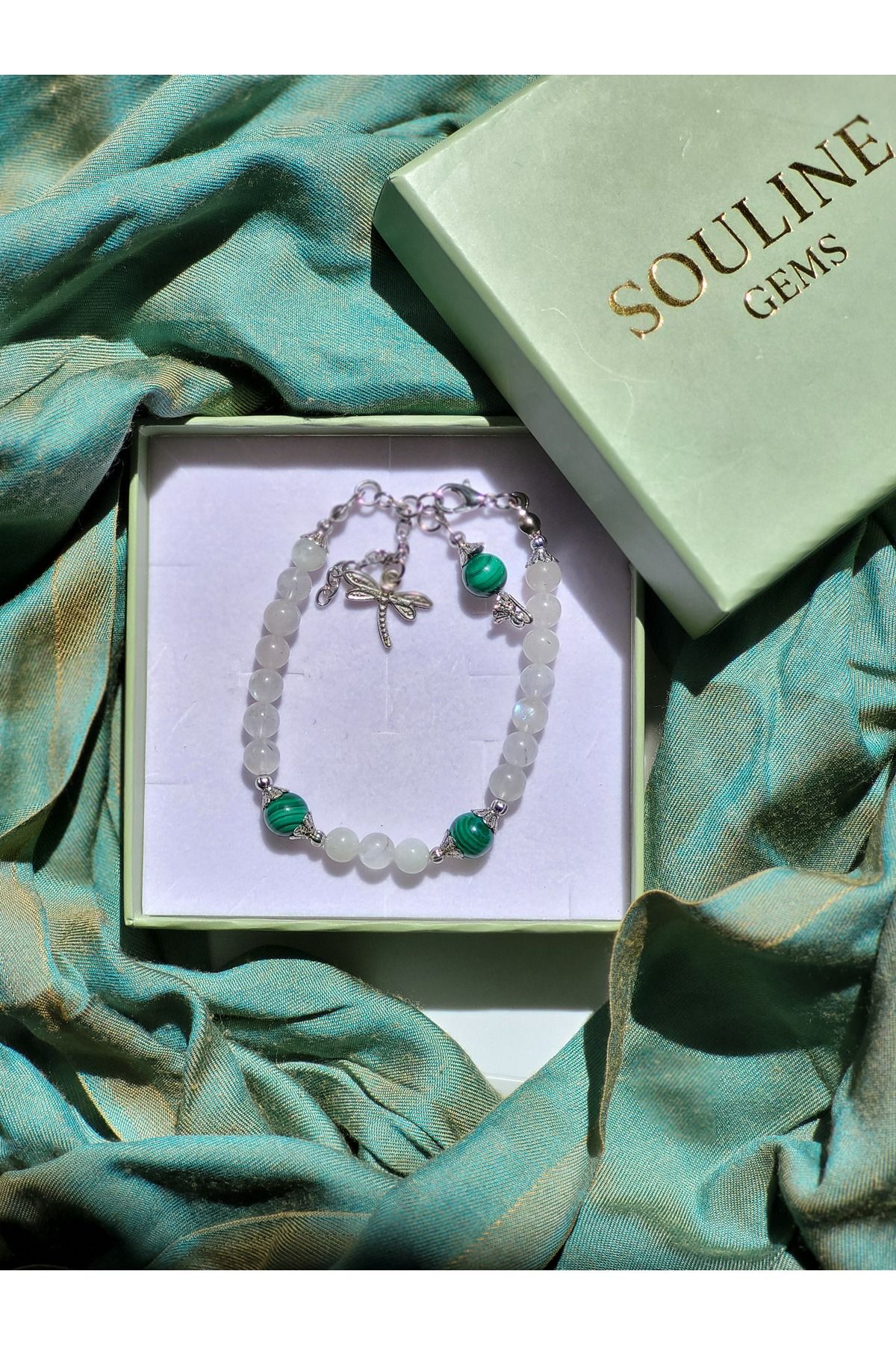 Souline Gems Gerçek Doğal Taş Bileklik - Kristal Kuvars, Malahit