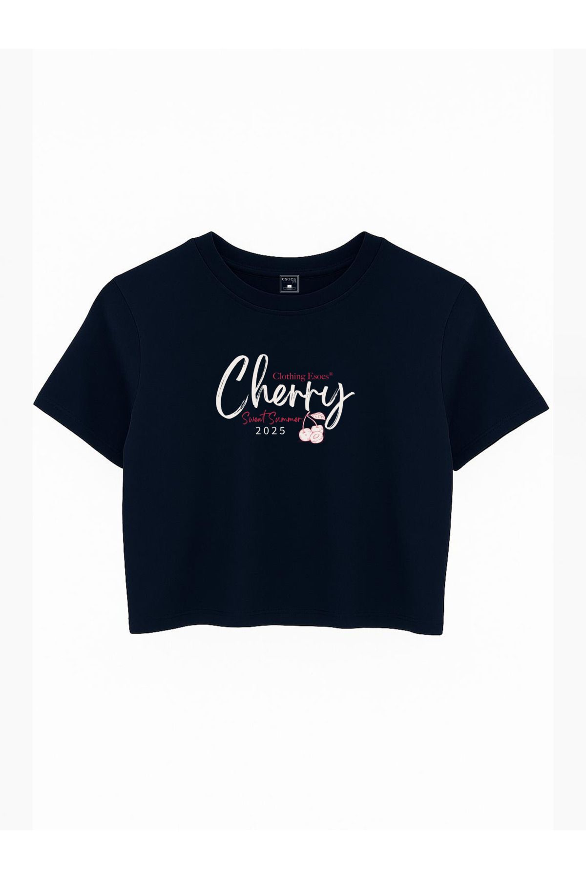 EsoesTienda Kadın Dar Kesim Yumuşak Dokulu Cherry Baskılı Crop Tişört