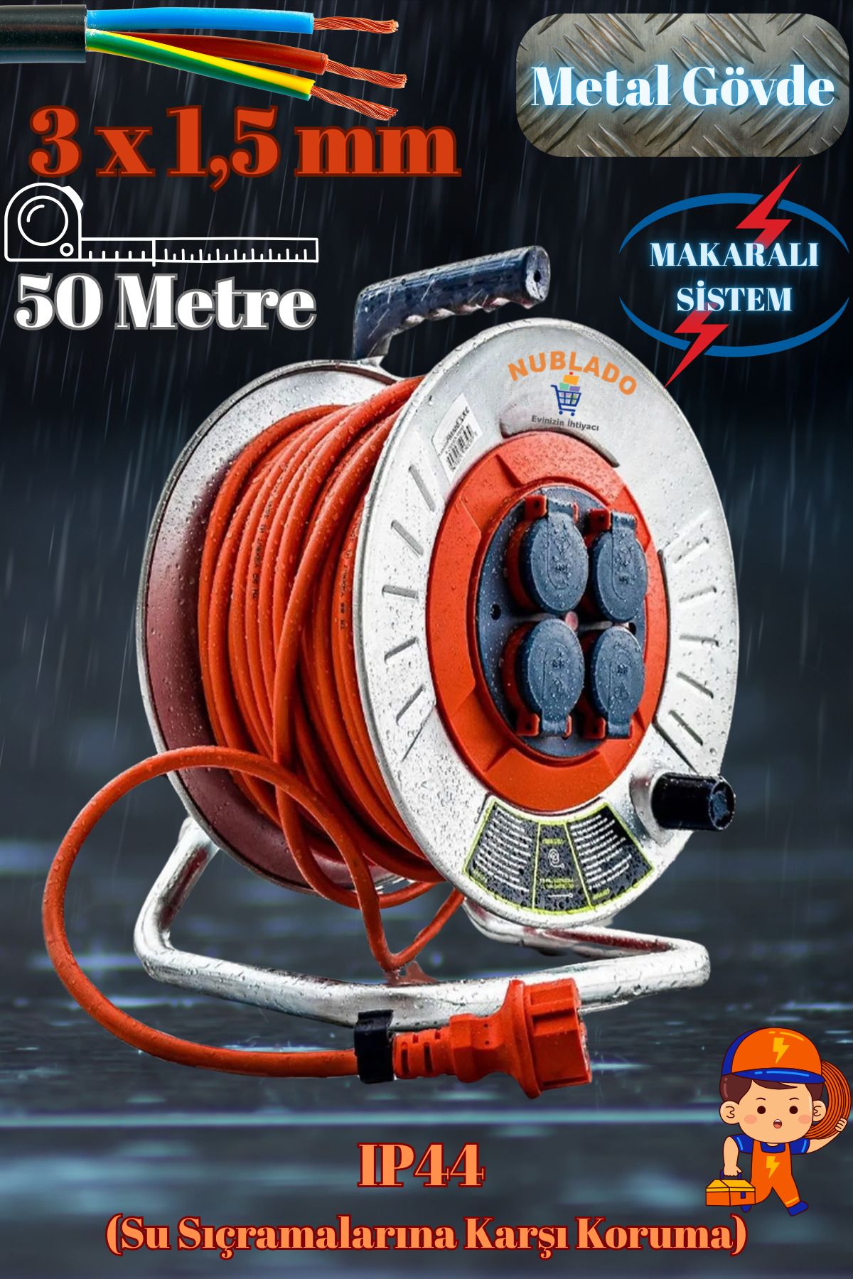 nublado Bylion Makaralı Seyyar Kablo Kapaklı 4 Prizli Metal Uzatma Kablosu 3x1.5 Mm Cca Kablo 50 Metre