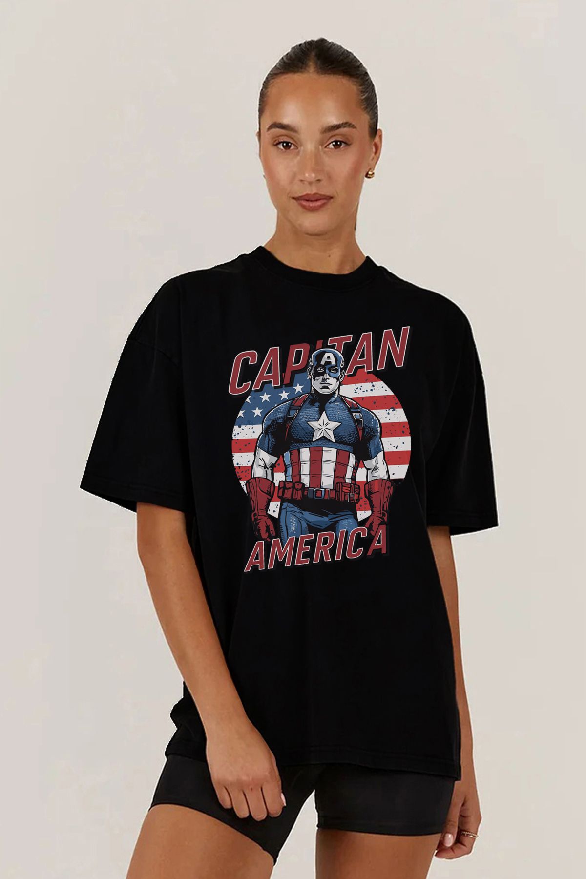 MODA Kaptan Amerika Captain America Baskılı Oversize Kalıp Siyah Geniş Bol Kesim Kadın Tişört