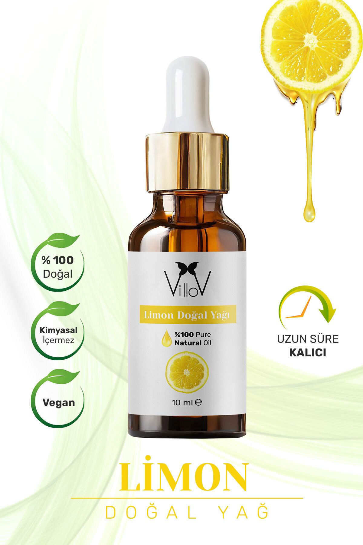 Villov Limon Uçucu Yağı Soğuk Sıkım %100 Saf ve Doğal Bitkisel Lemon Essential Oil 10ml