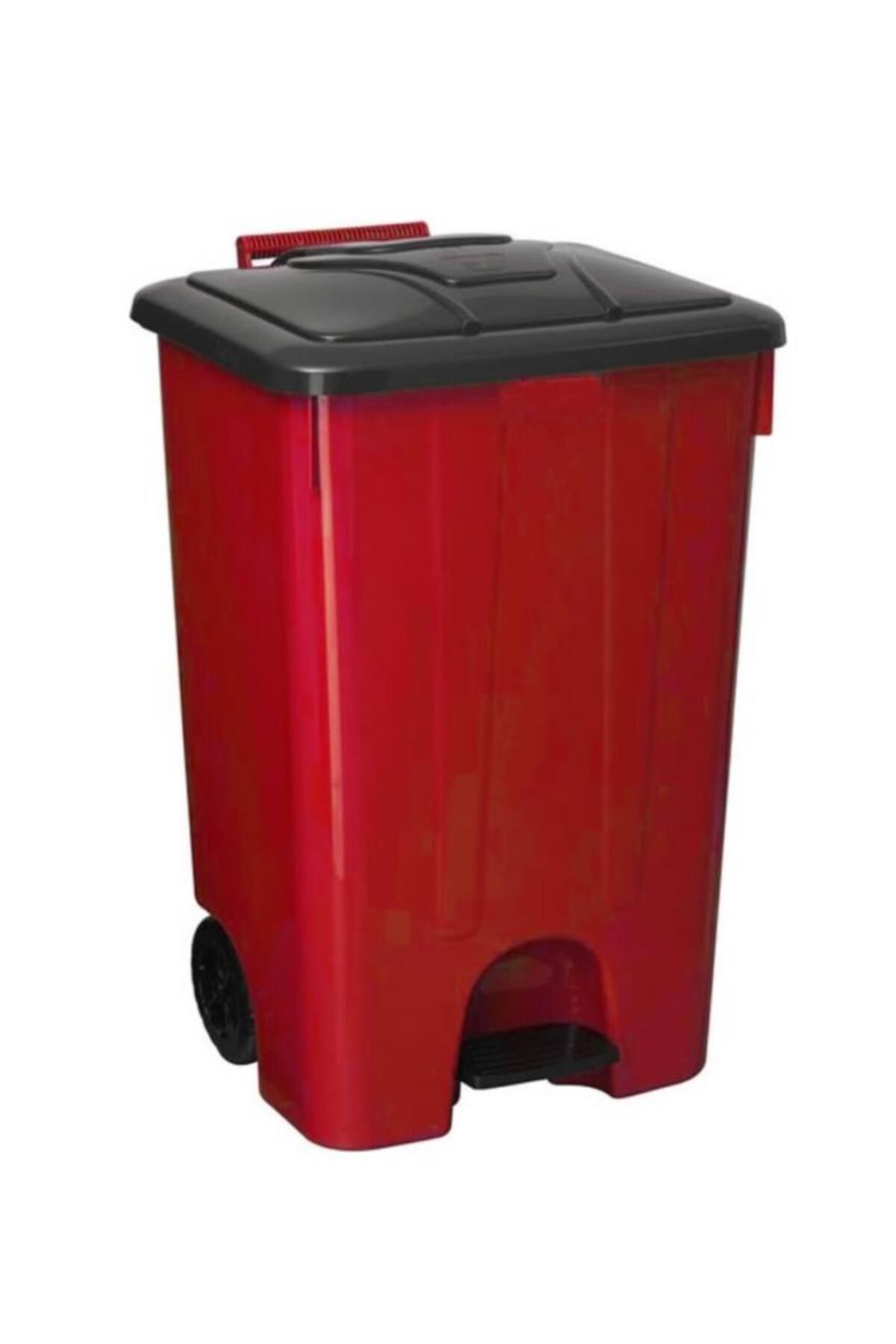 Omnipazar SY-4265 Kırmızı 85 lt Köşeli Pedallı Tekerlekli Çöp Kovası