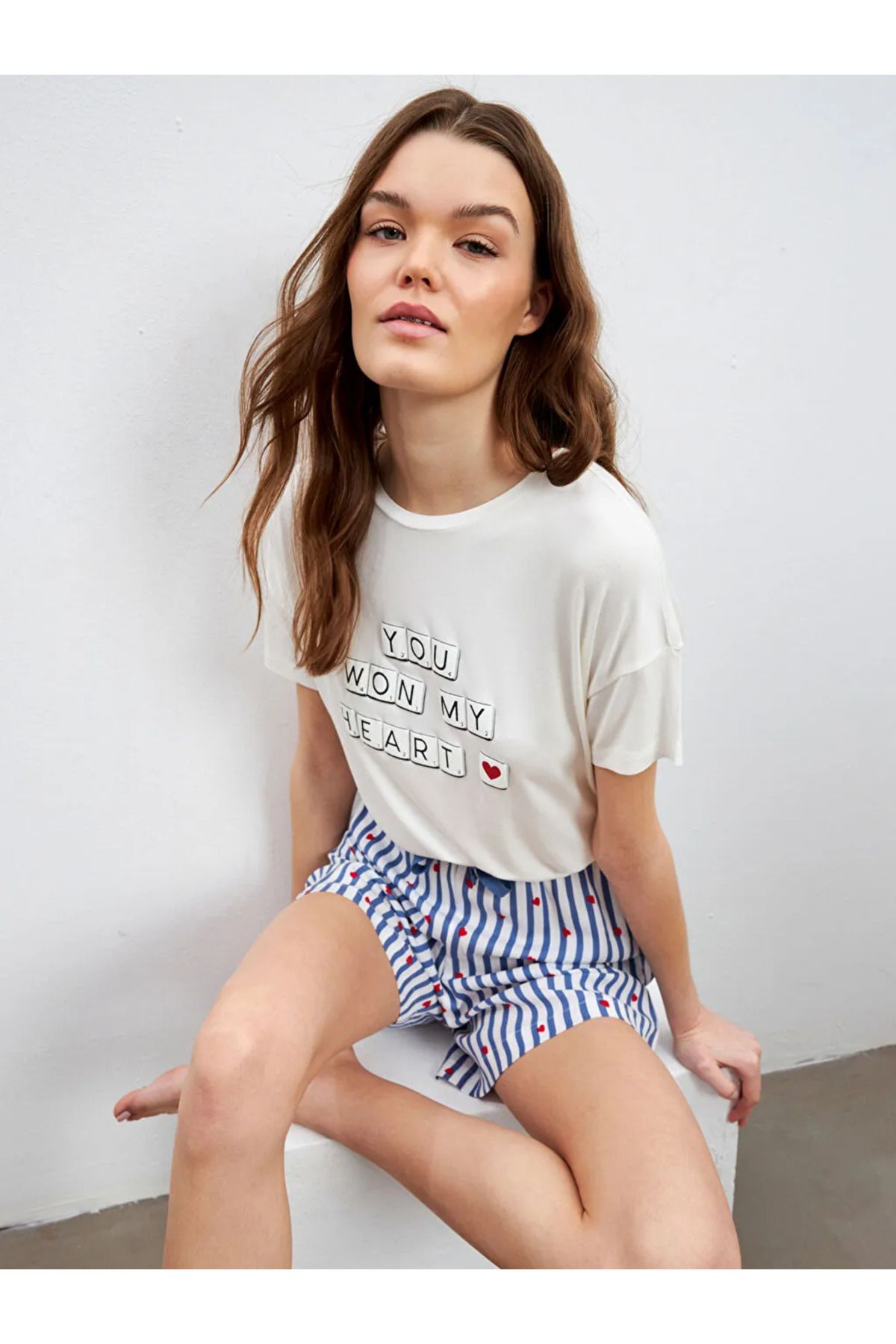 LC Waikiki LCW DREAM Indigo Bisiklet Yaka Baskılı Kadın Şortlu Pijama Takımı