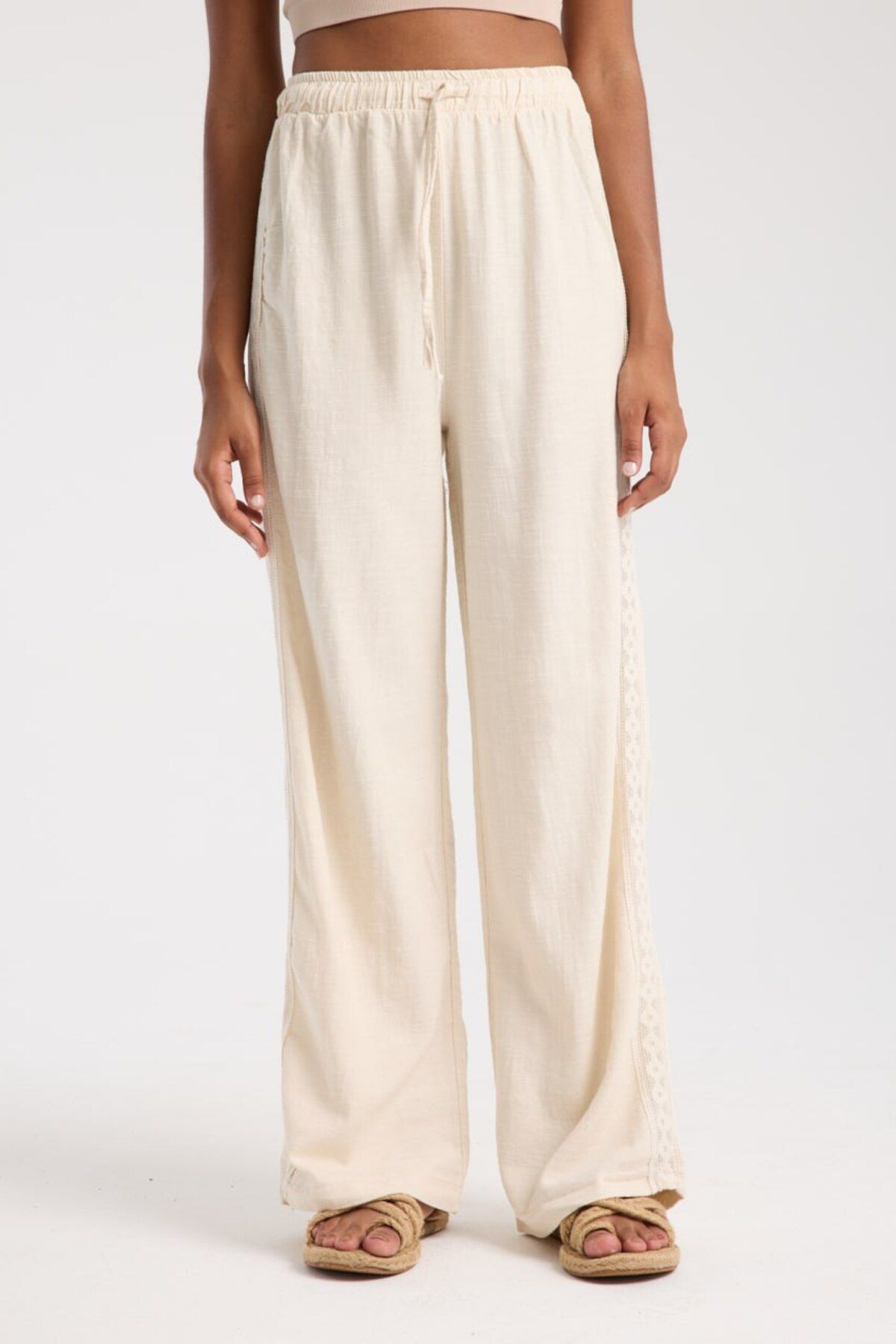 İLKCET MODA Yan Etnik Desenli Oversize Keten Pantolon