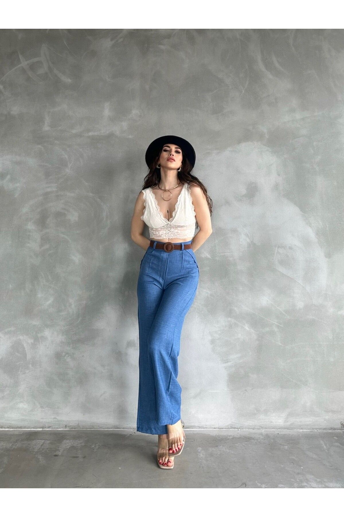 Pink Stil Beli Kemerli Keten Pantolon