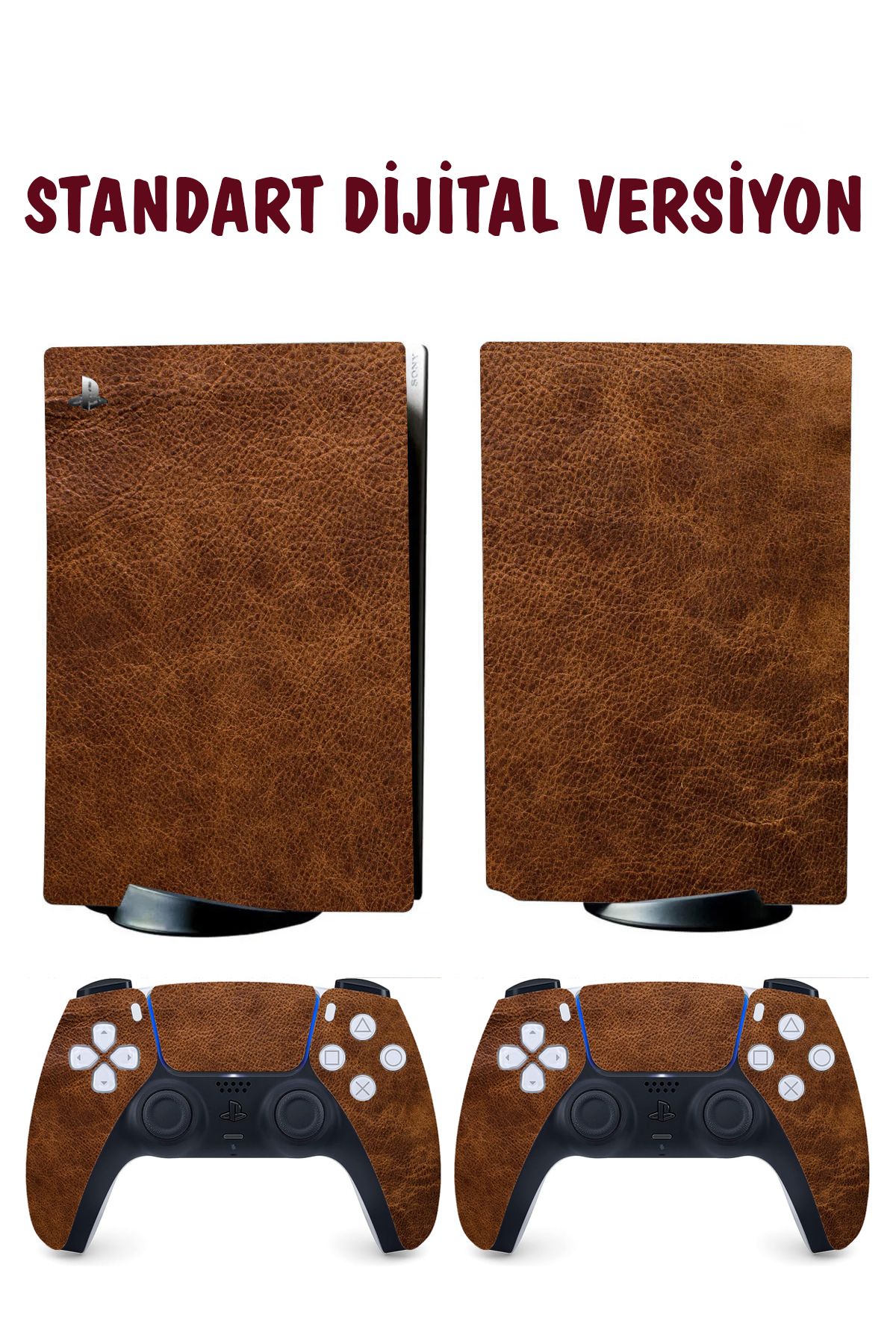 KT Decor Kahverengi Deri Deseni Playstation 5 Full Sticker Kaplama Seti