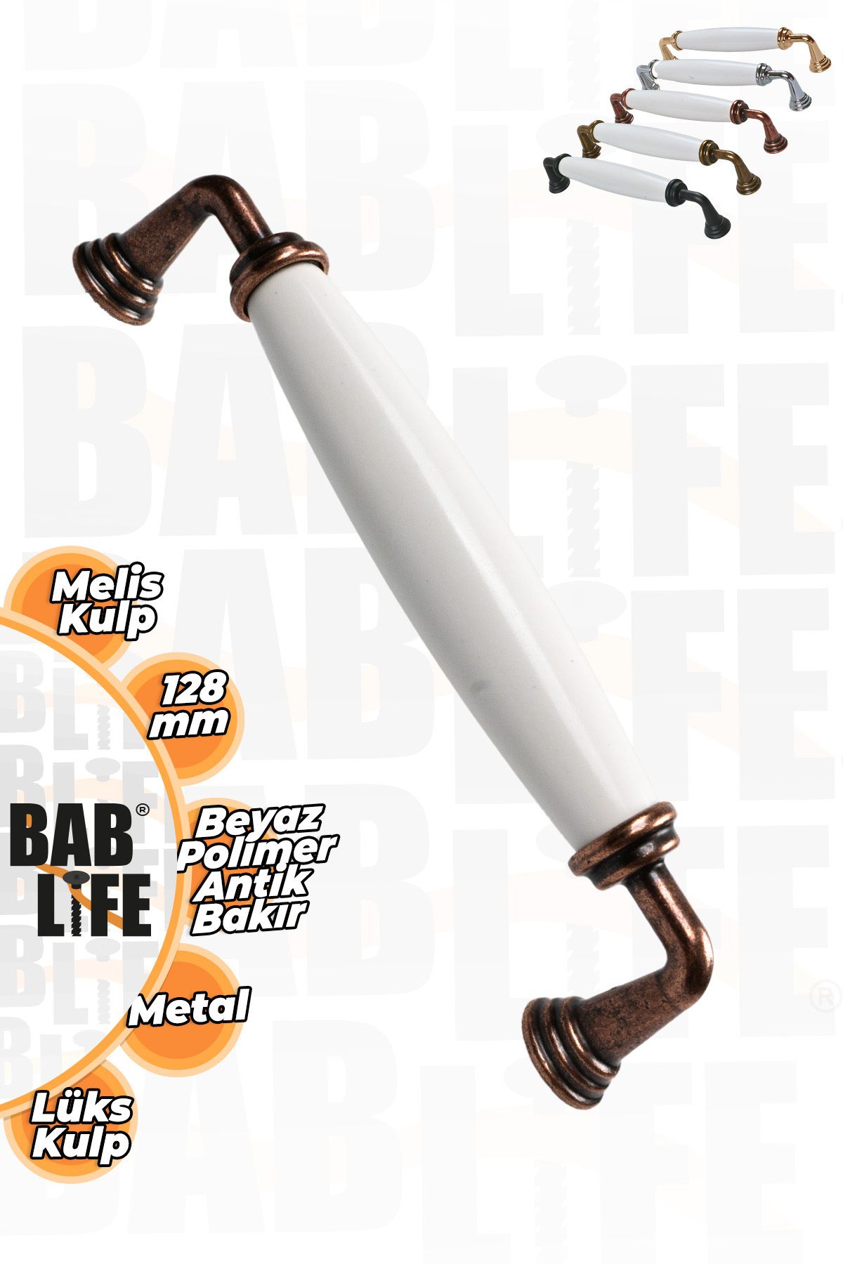 bablife Melis 128mm Porselen Görünümlü Düz Beyaz Antik Bakır Lüks Modern Çekmece Dolap Mobilya Kulpları