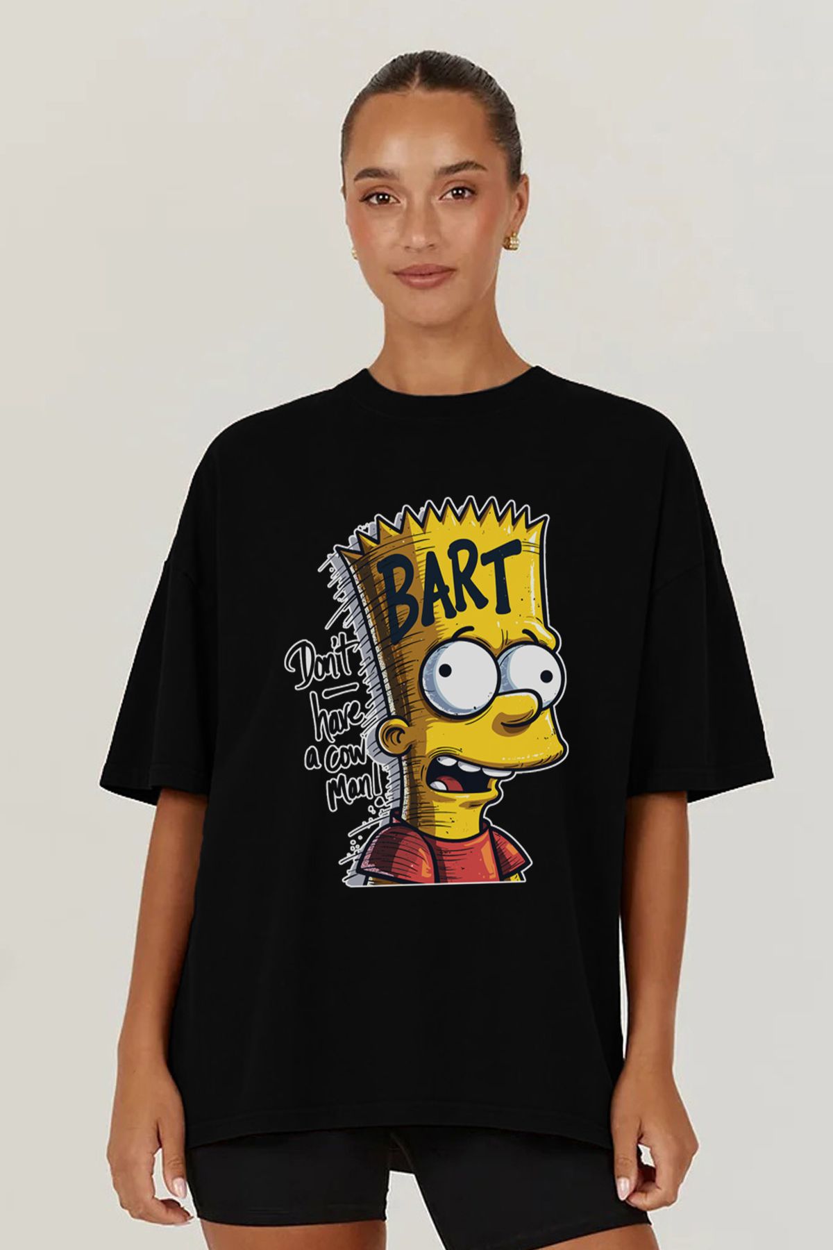 MODA The Simpsons Simpsonlar Bart Baskılı Oversize Kalıp Siyah Geniş Bol Kesim Kadın Tişört